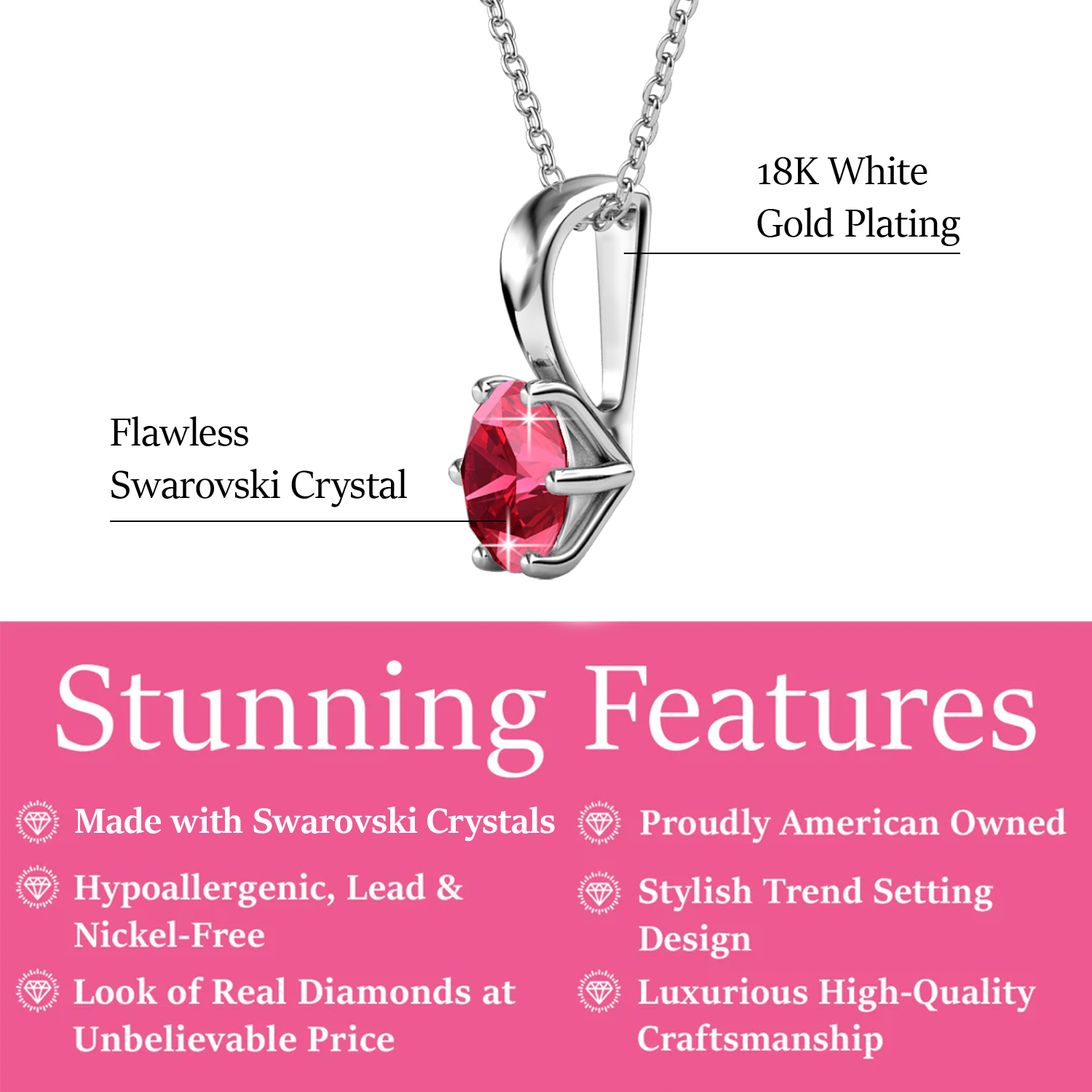 Birthstone Necklace 18k White Gold Plated Solitaire Necklace with 1CT Swarovski Crystal