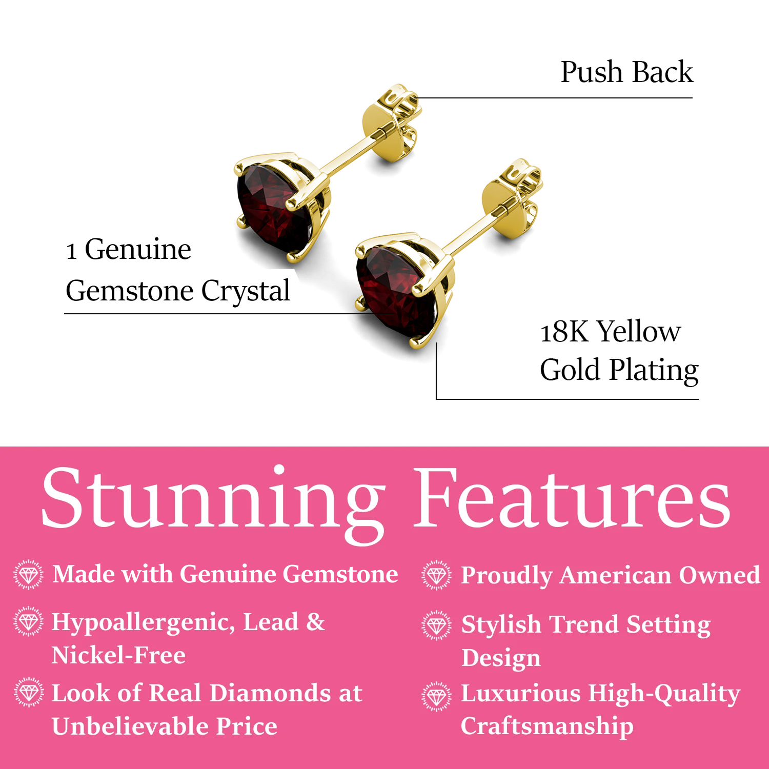 Larissa 18k Yellow Gold Plated Stud Earrings with Round Cut Ruby Gemstones
