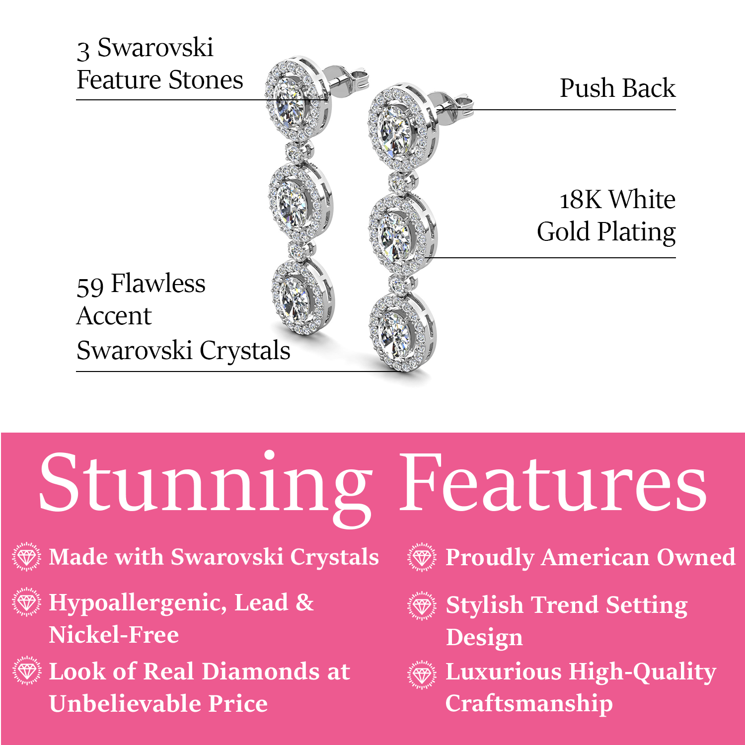 Lorraine 18k White Gold Plated Dangle Earrings with Swarovski Crystals
