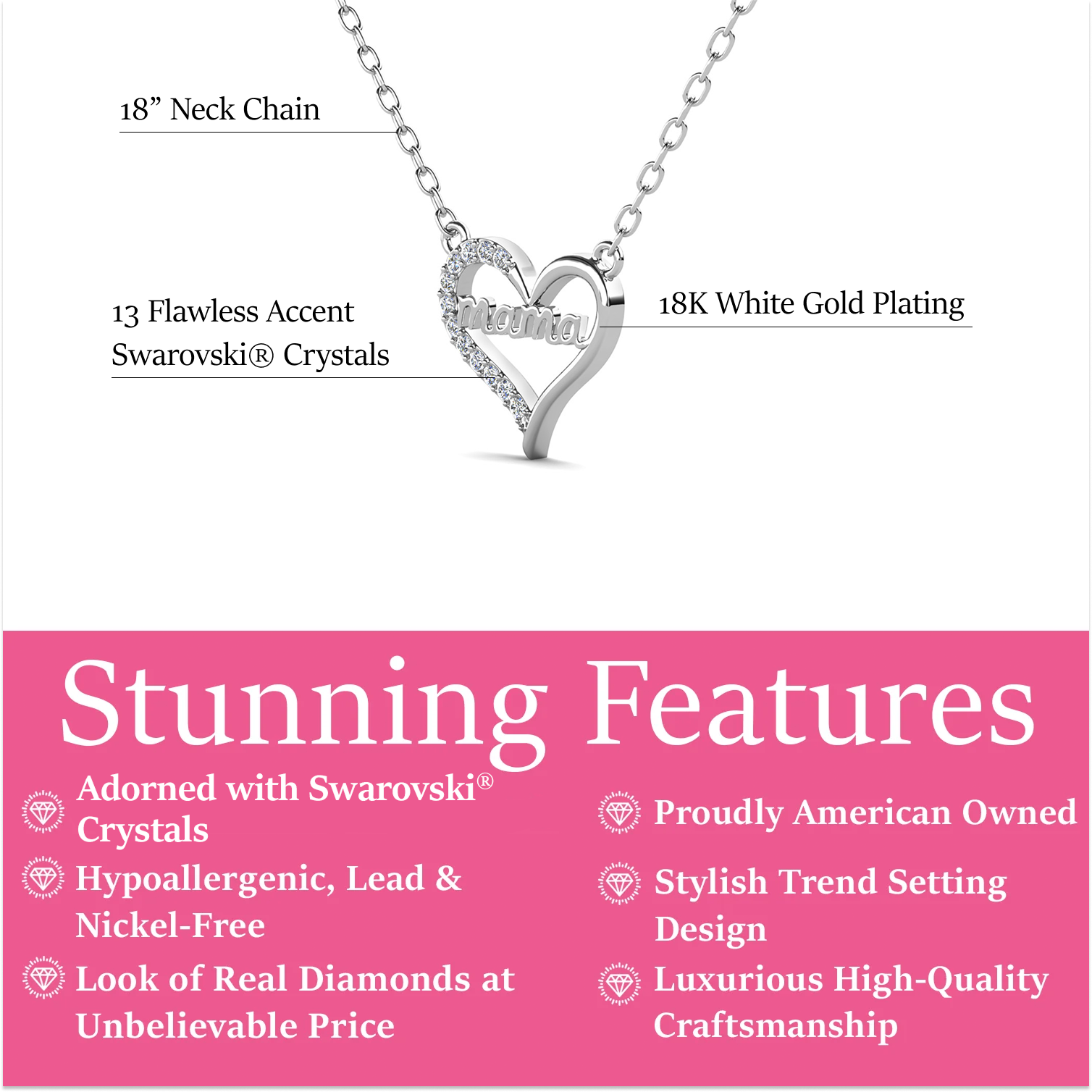 Louise 18k White Gold Plated Mama Heart Necklace with Simulated Diamond Crystals