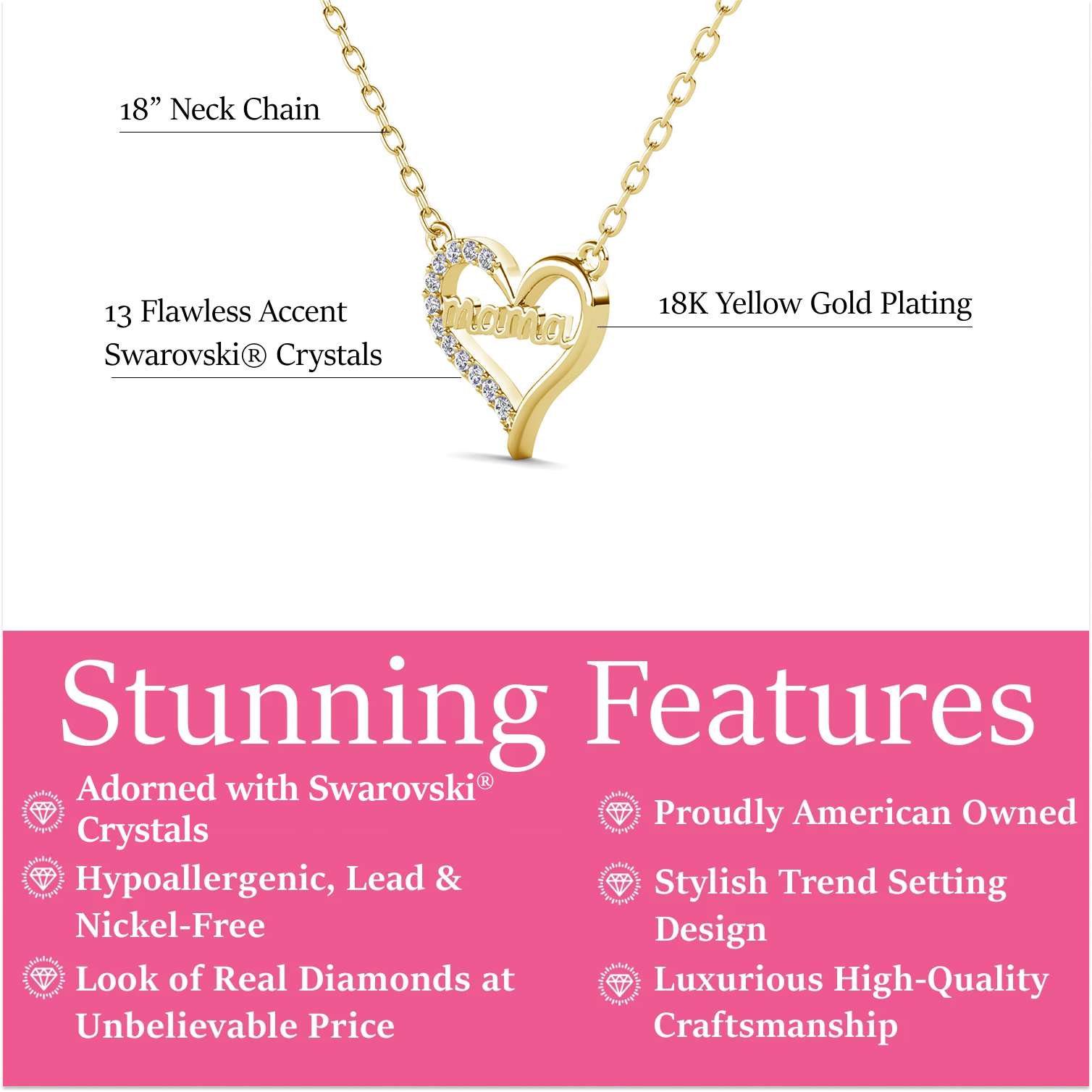 Louise 18k White Gold Plated Mama Heart Necklace with Simulated Diamond Crystals