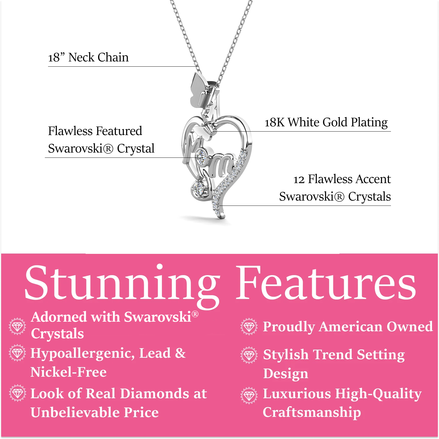 Mabel 18k White Gold Plated Mom Heart Pendant Necklace with Simulated Diamond Crystals