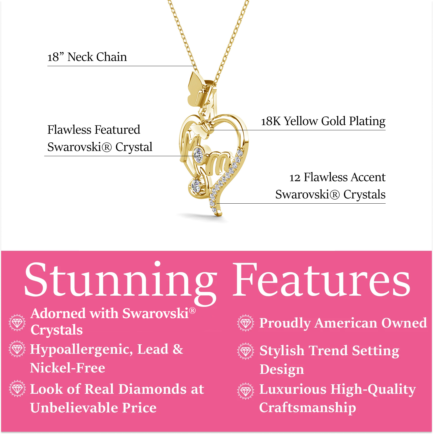 Mabel 18k White Gold Plated Mom Heart Pendant Necklace with Simulated Diamond Crystals