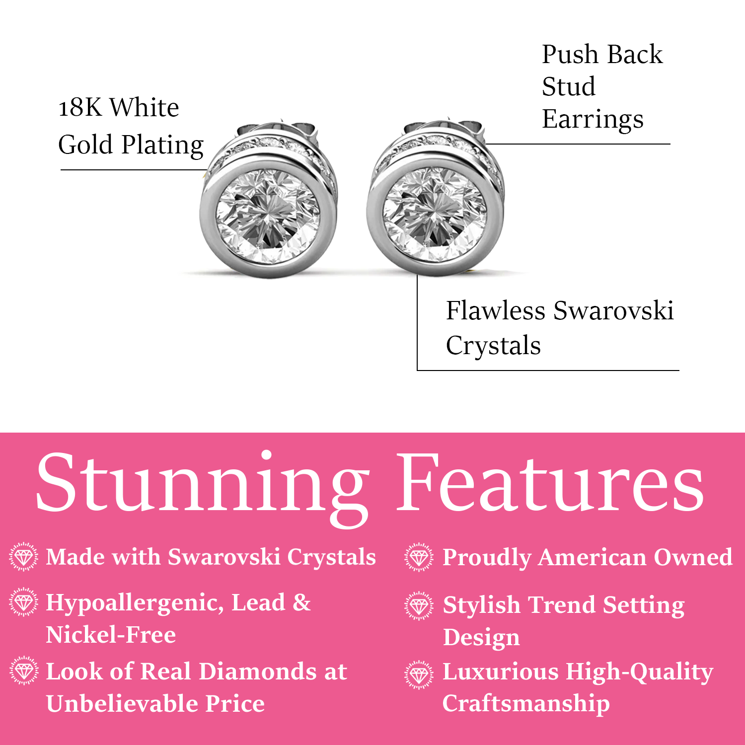 Mae 18k White Gold Plated Stud Earrings with Round Cut Swarovski Crystals