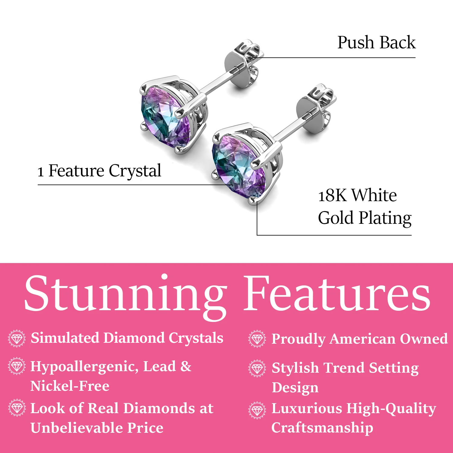 Magnolia 18k White Gold Plated Solitaire Stud Earrings with 1ct Simulated Diamond Crystals