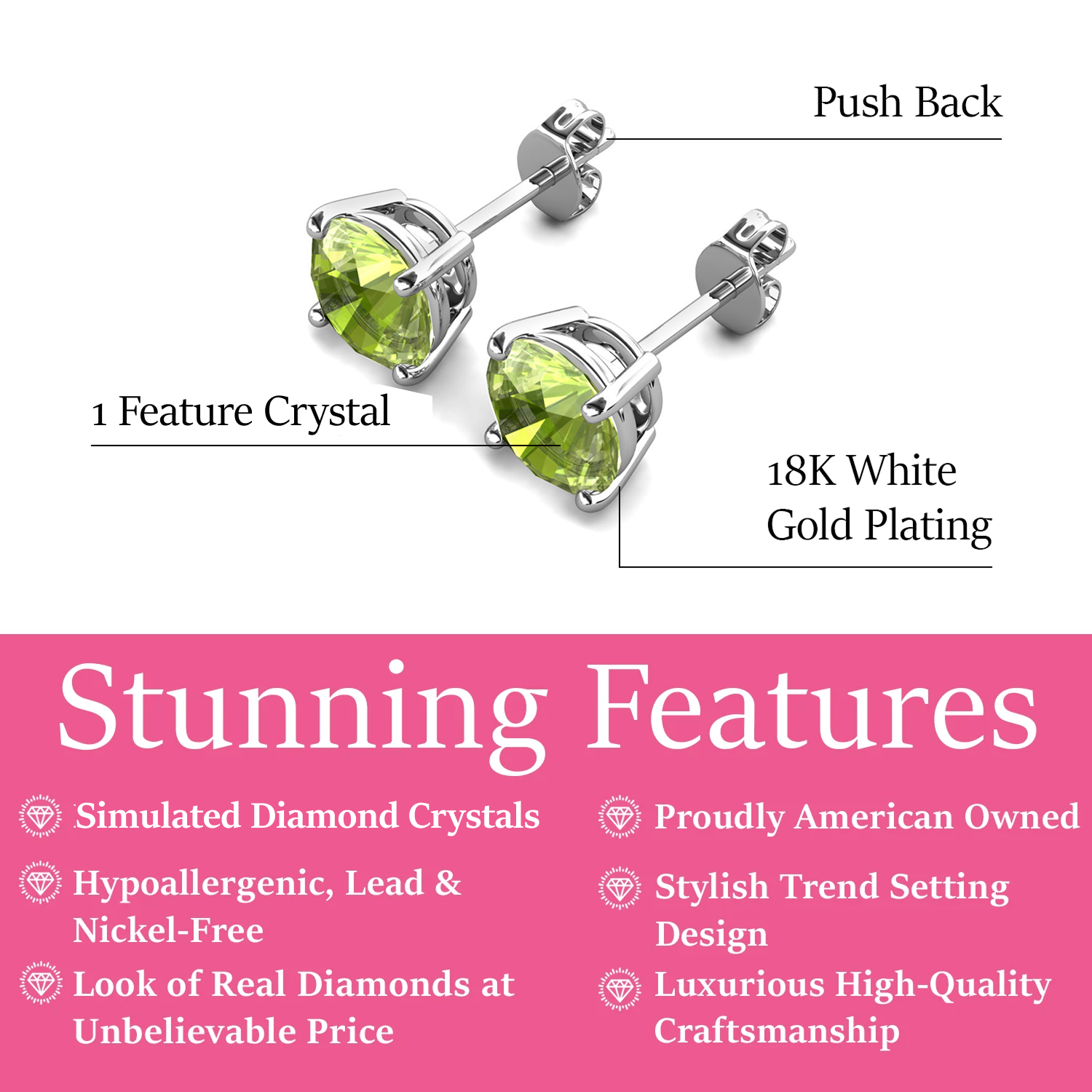 Magnolia 18k White Gold Plated Solitaire Stud Earrings with 1ct Simulated Diamond Crystals