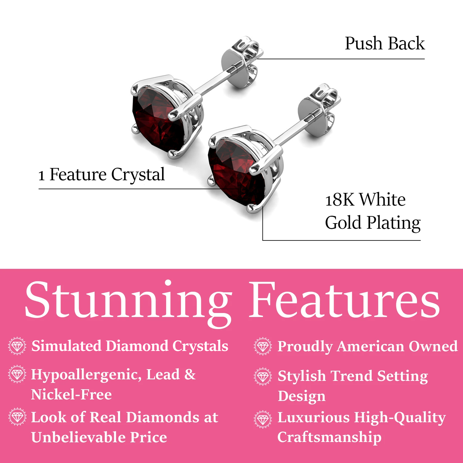 Magnolia 18k White Gold Plated Solitaire Stud Earrings with 1ct Simulated Diamond Crystals