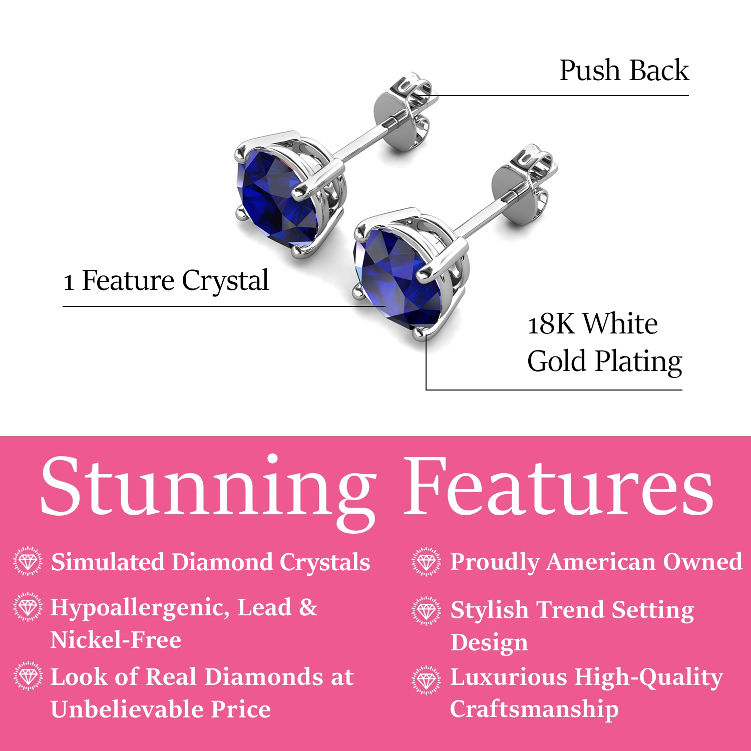 Magnolia 18k White Gold Plated Solitaire Stud Earrings with 1ct Simulated Diamond Crystals