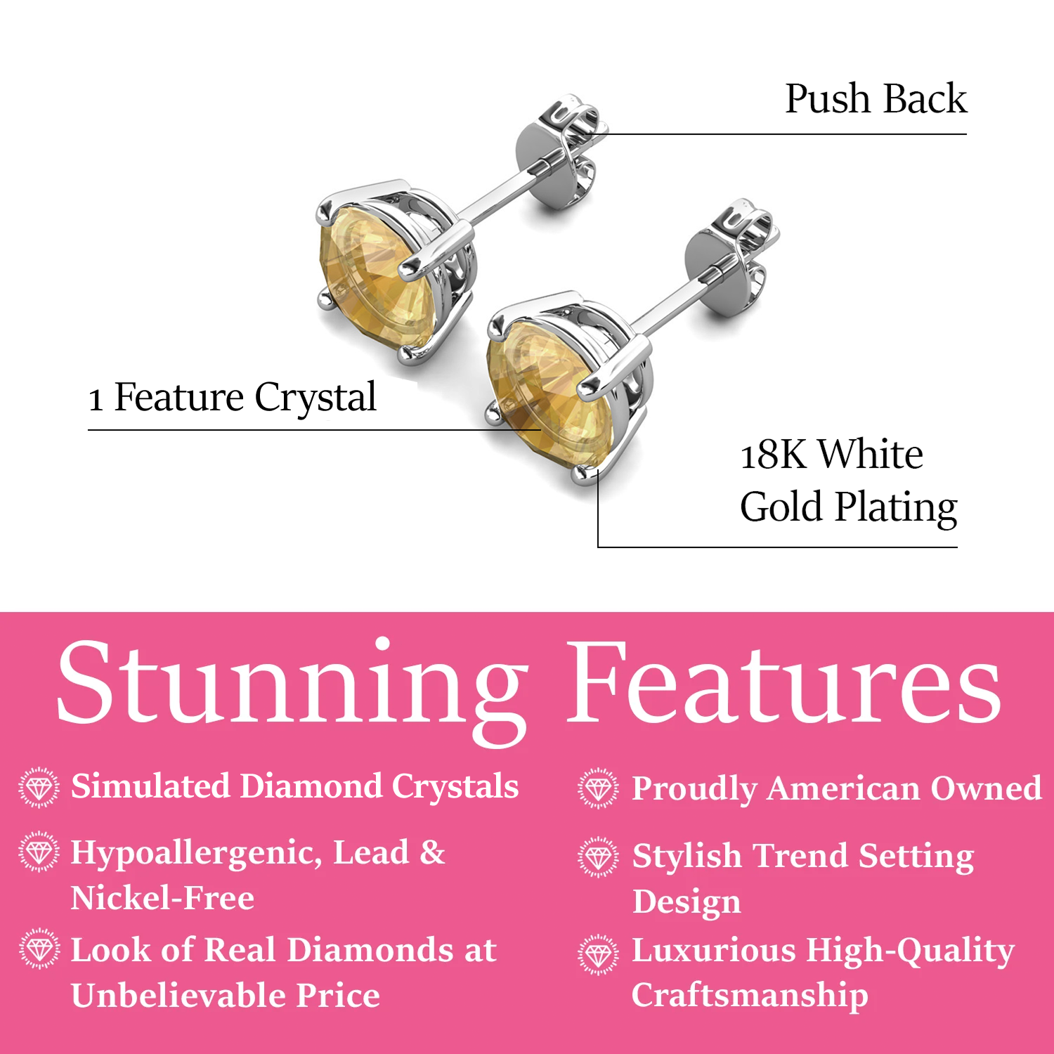 Magnolia 18k White Gold Plated Solitaire Stud Earrings with 1ct Simulated Diamond Crystals