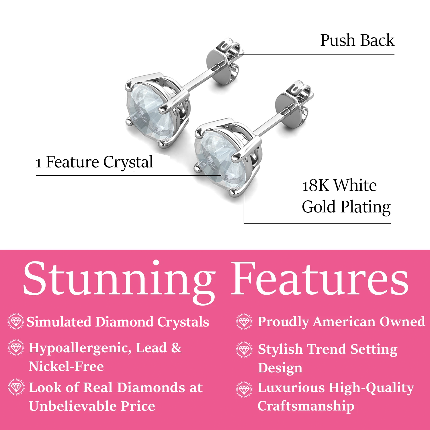 Magnolia 18k White Gold Plated Solitaire Stud Earrings with 1ct Simulated Diamond Crystals