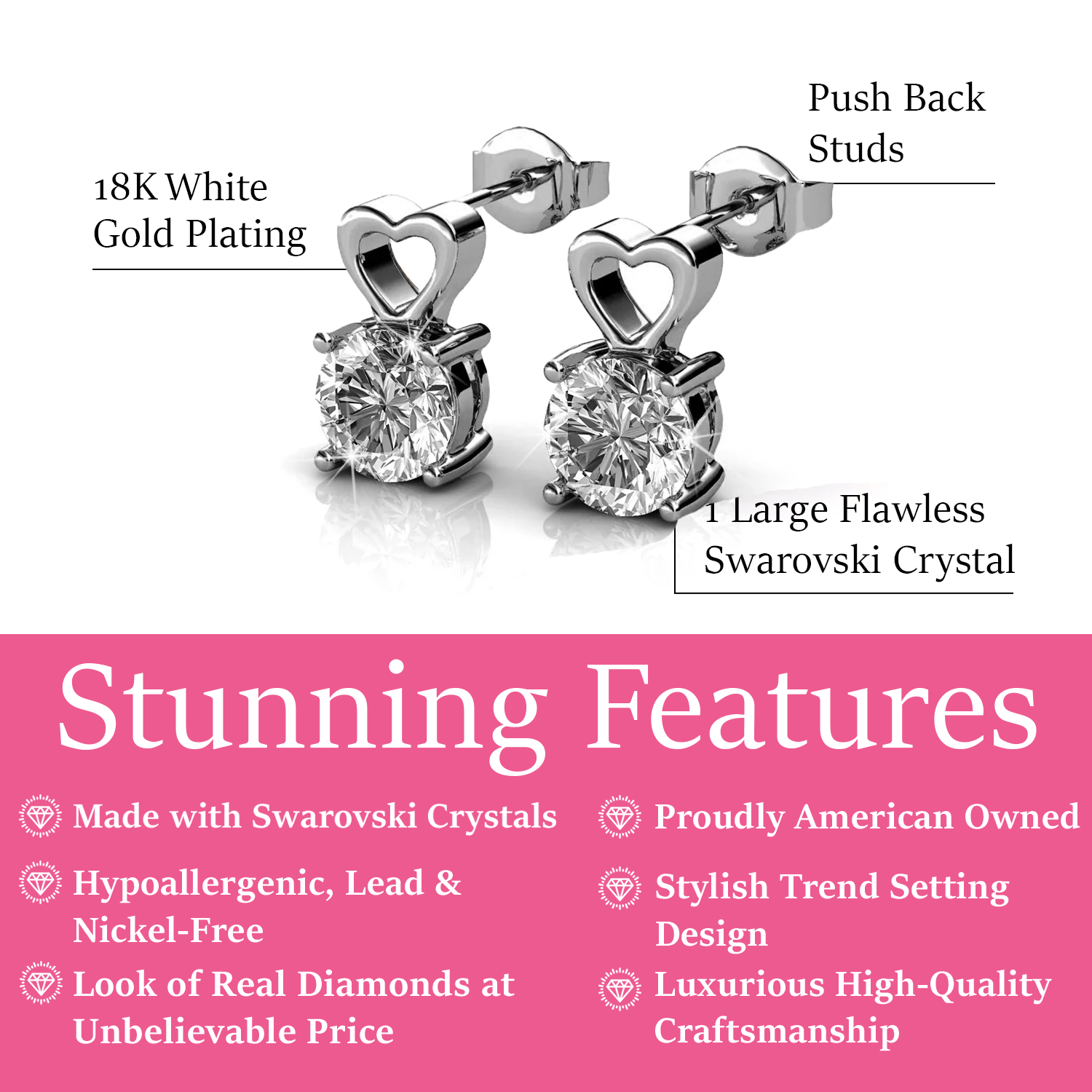 Marian 18k White Gold Heart Earrings with Round Cut Swarovski Crystal