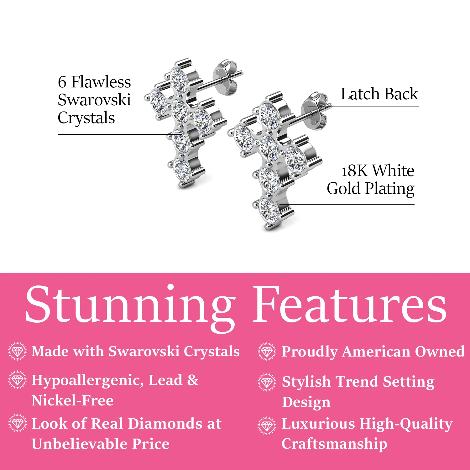 Marissa 18k White Gold Plated Cross Stud Earrings with Swarovski Crystals
