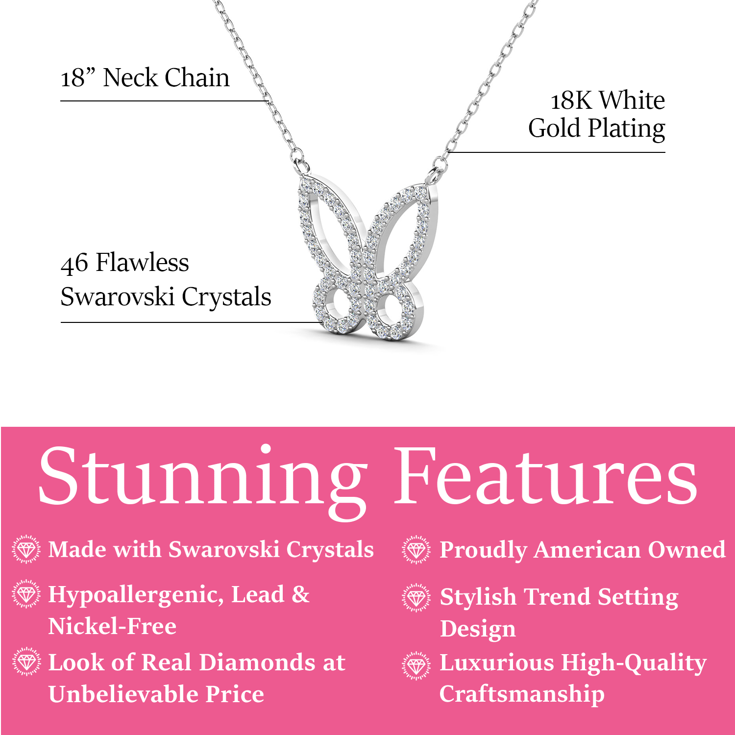Maxine 18k White Gold Plated Butterfly Necklace with Swarovski Crystals
