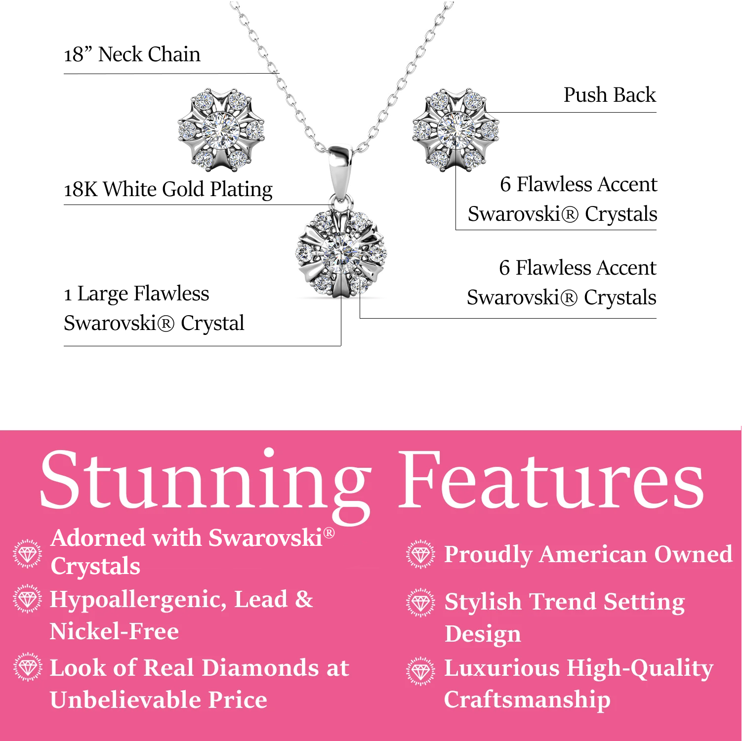 Millie 18k White Gold Plated Stud Earrings and Necklace Jewelry Set with Swarovski Crystals