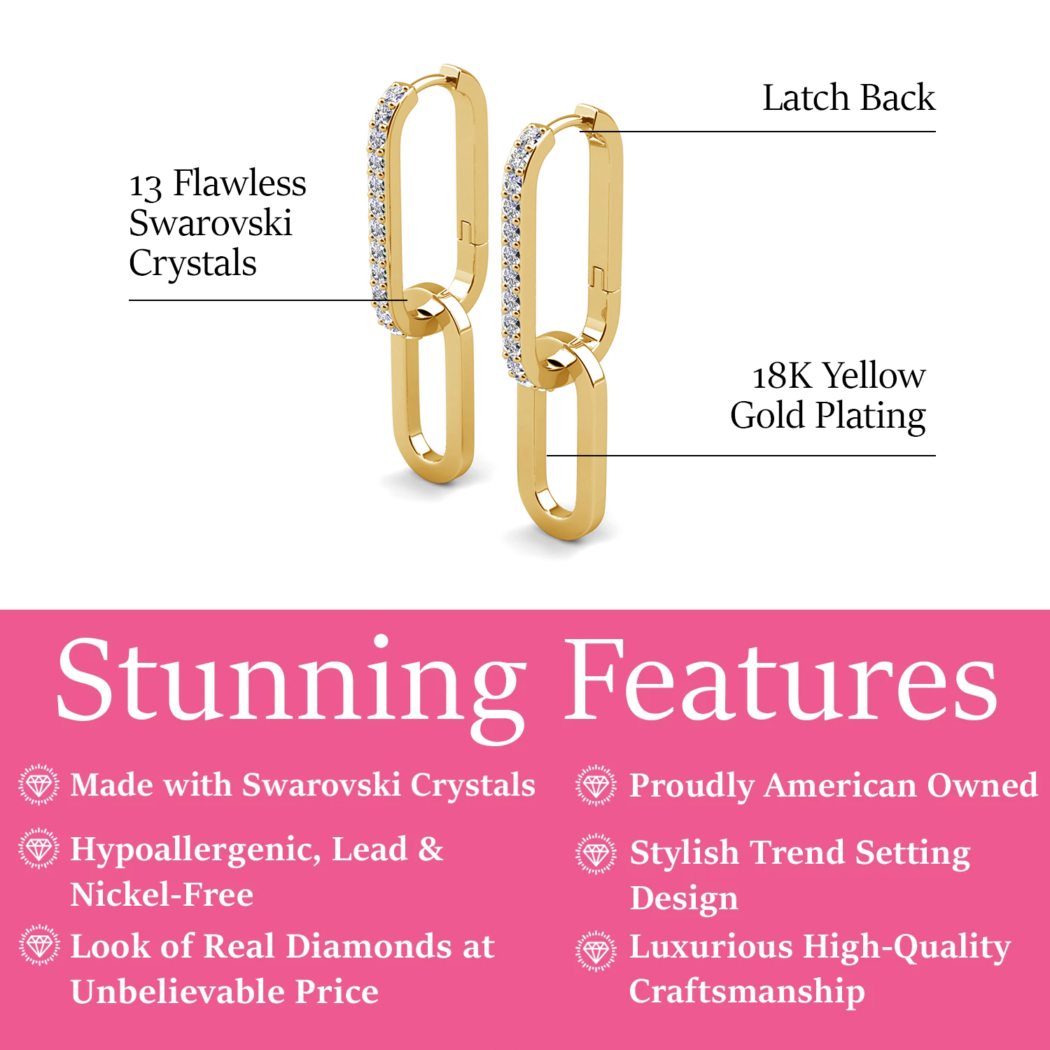 Remington 18k White Gold Plated Dangle Chain Link Earrings with Swarovski Crystals
