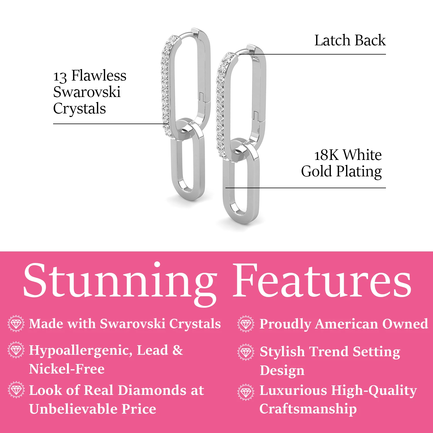 Remington 18k White Gold Plated Dangle Chain Link Earrings with Swarovski Crystals