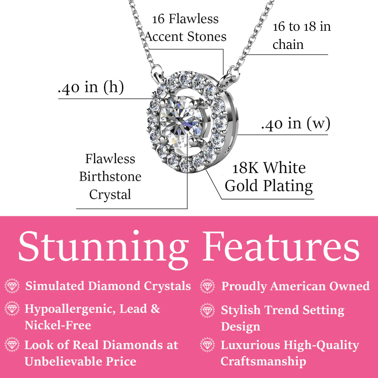 Royal 18k White Gold Plated Birthstone Halo Necklace with Round Cut Swarovski Crystals