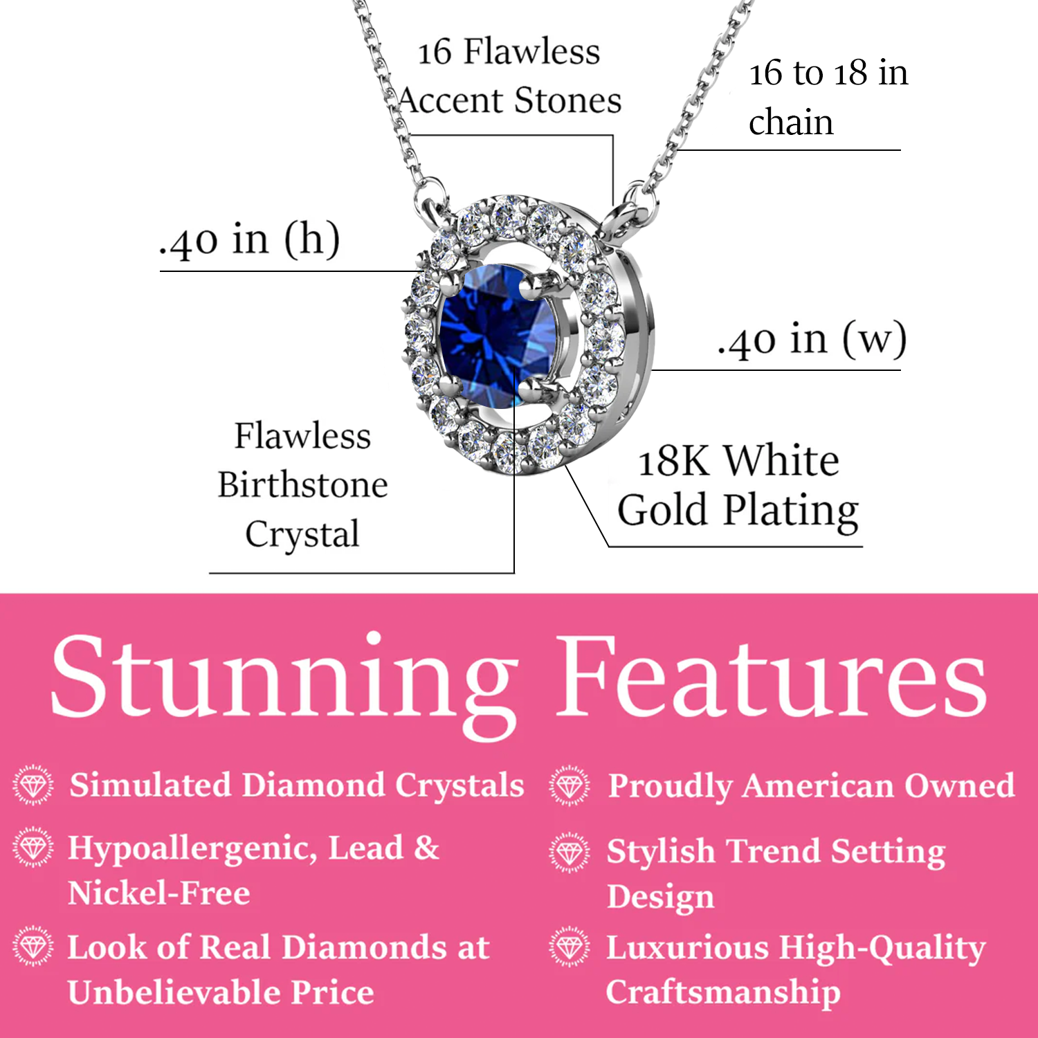 Royal 18k White Gold Plated Birthstone Halo Necklace with Round Cut Swarovski Crystals