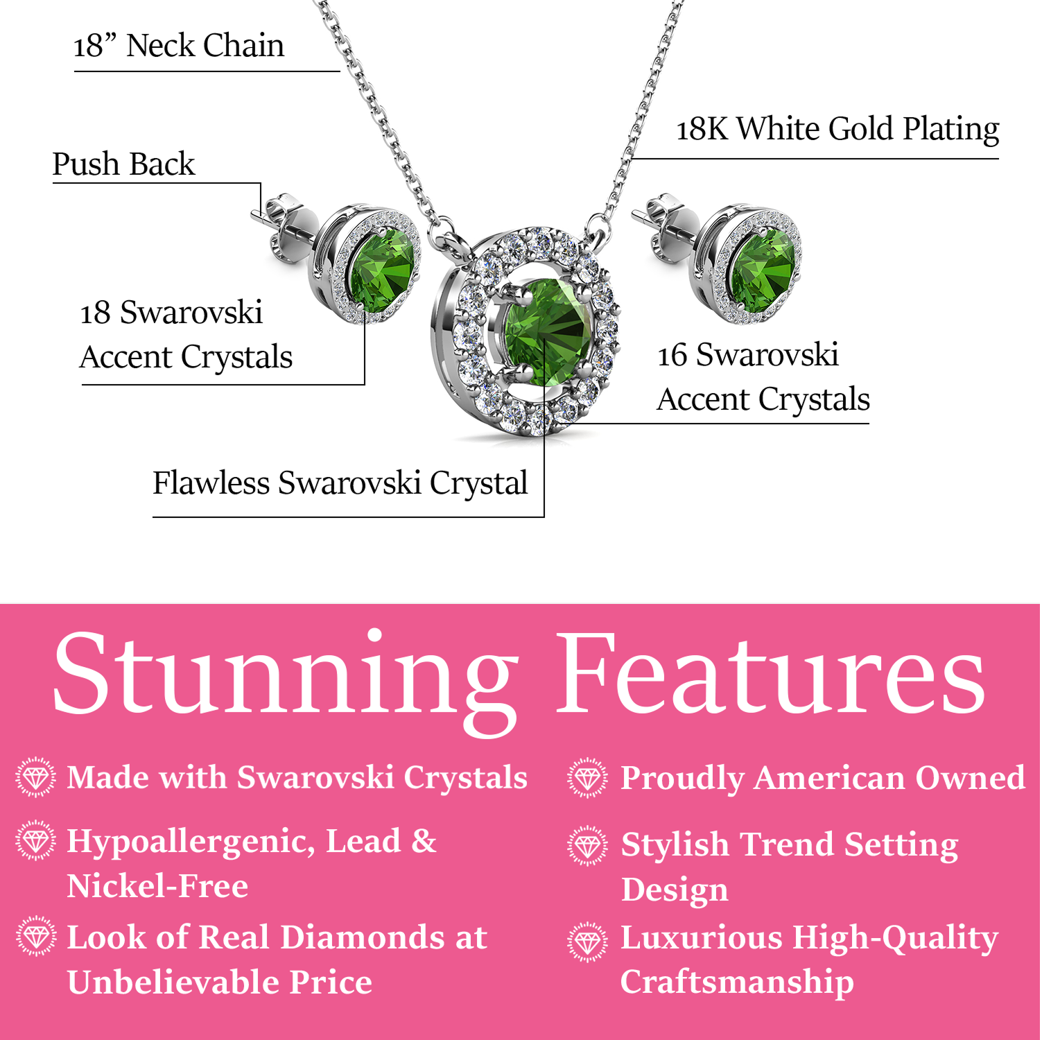 Royal 18k White Gold Plated Birthstone Halo Earrings and Necklace Set with Swarovski Crystals