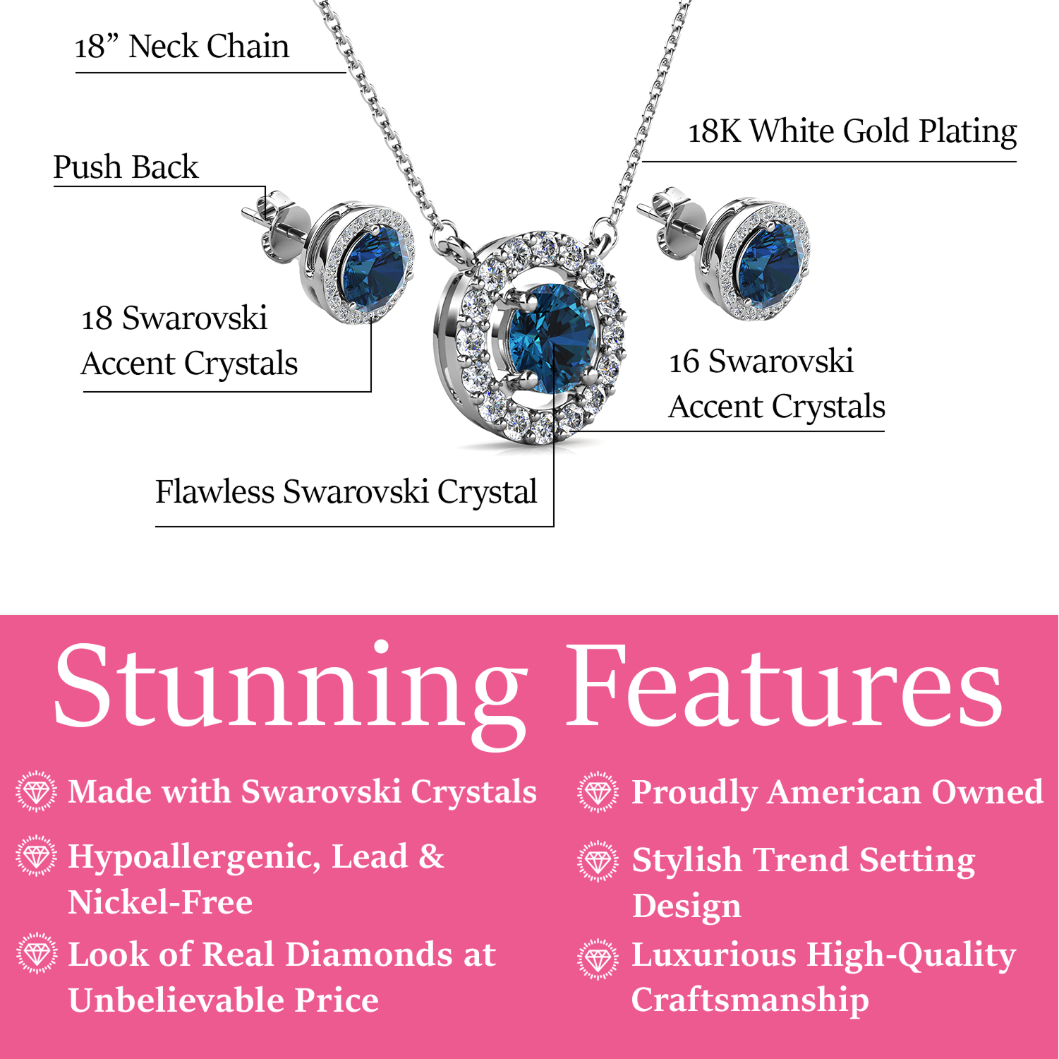 Royal 18k White Gold Plated Birthstone Halo Earrings and Necklace Set with Swarovski Crystals