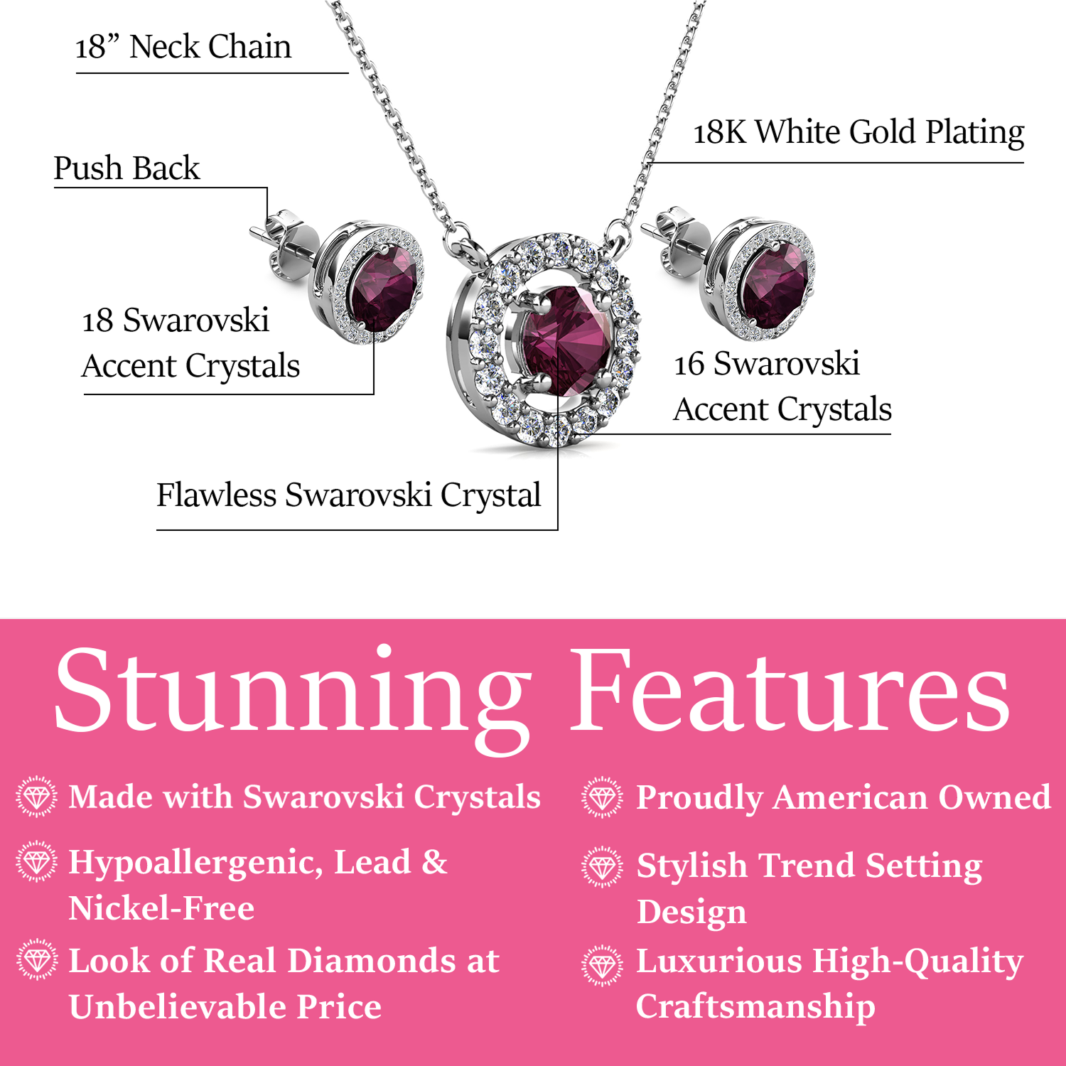 Royal 18k White Gold Plated Birthstone Halo Earrings and Necklace Set with Swarovski Crystals