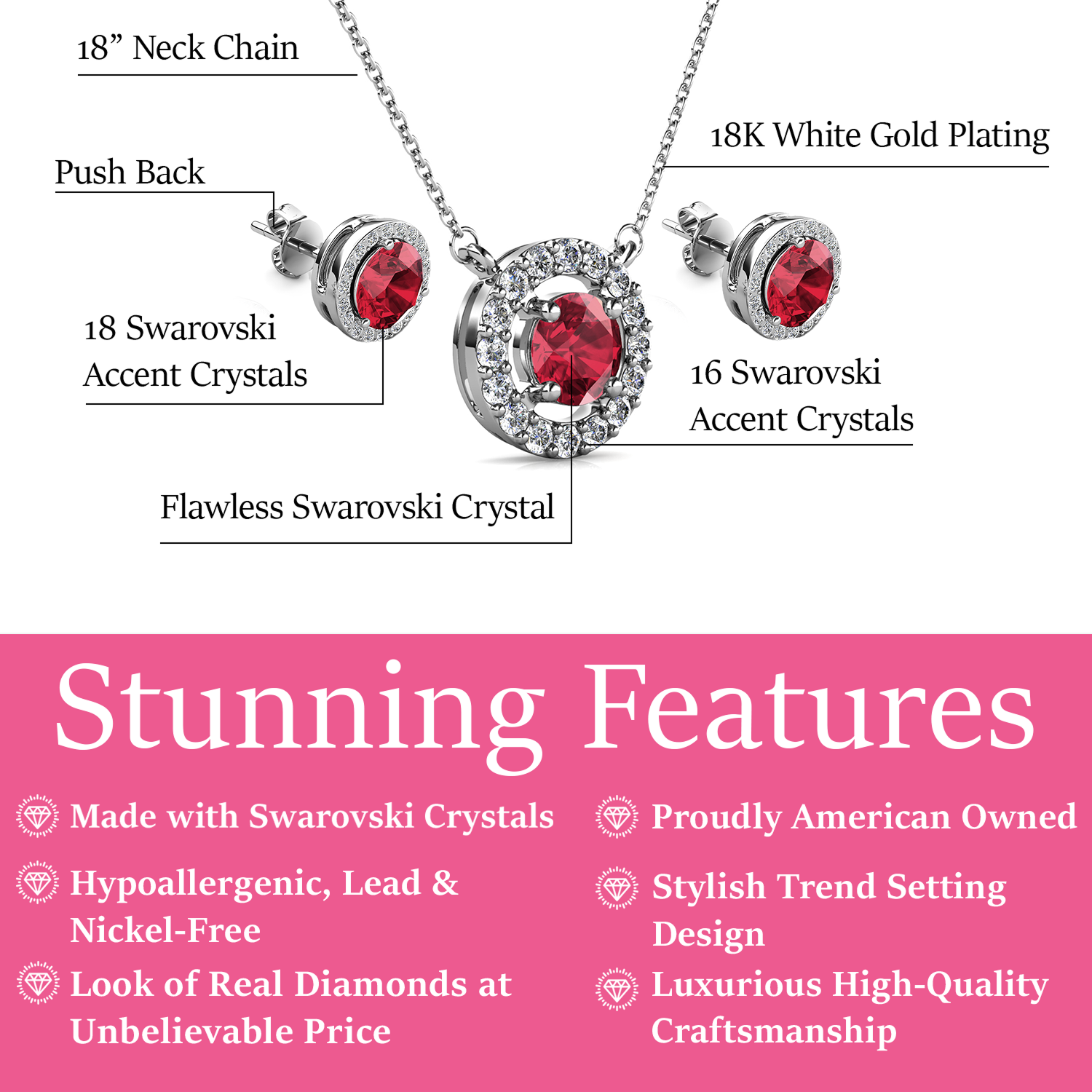 Royal 18k White Gold Plated Birthstone Halo Earrings and Necklace Set with Swarovski Crystals