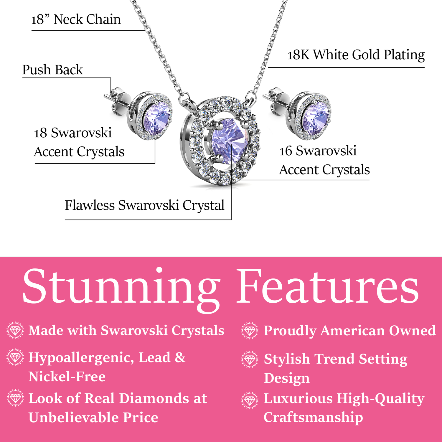 Royal 18k White Gold Plated Birthstone Halo Earrings and Necklace Set with Swarovski Crystals