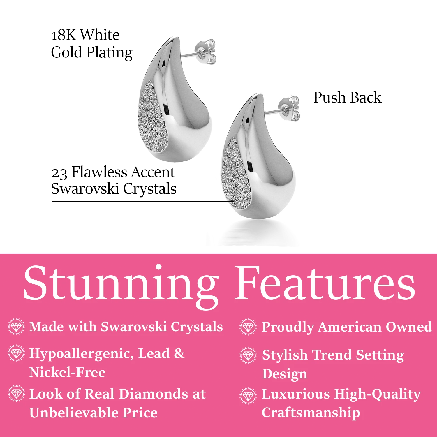 Sally 18k White Gold Plated Teardrop Stud Earrings with Swarovski Crystals