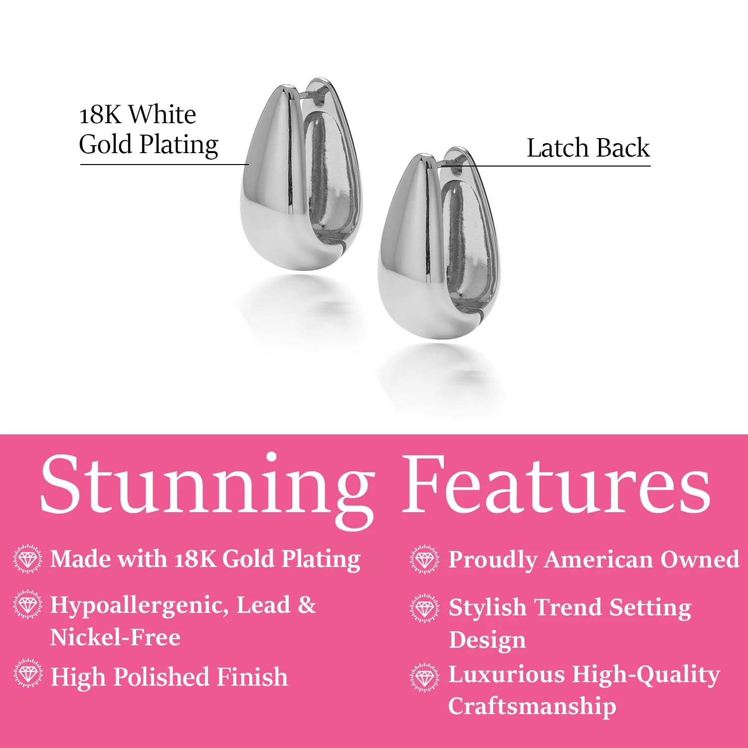 Salma 18k White Gold Plated 15mm Chunky U-Shaped Hoop Earrings
