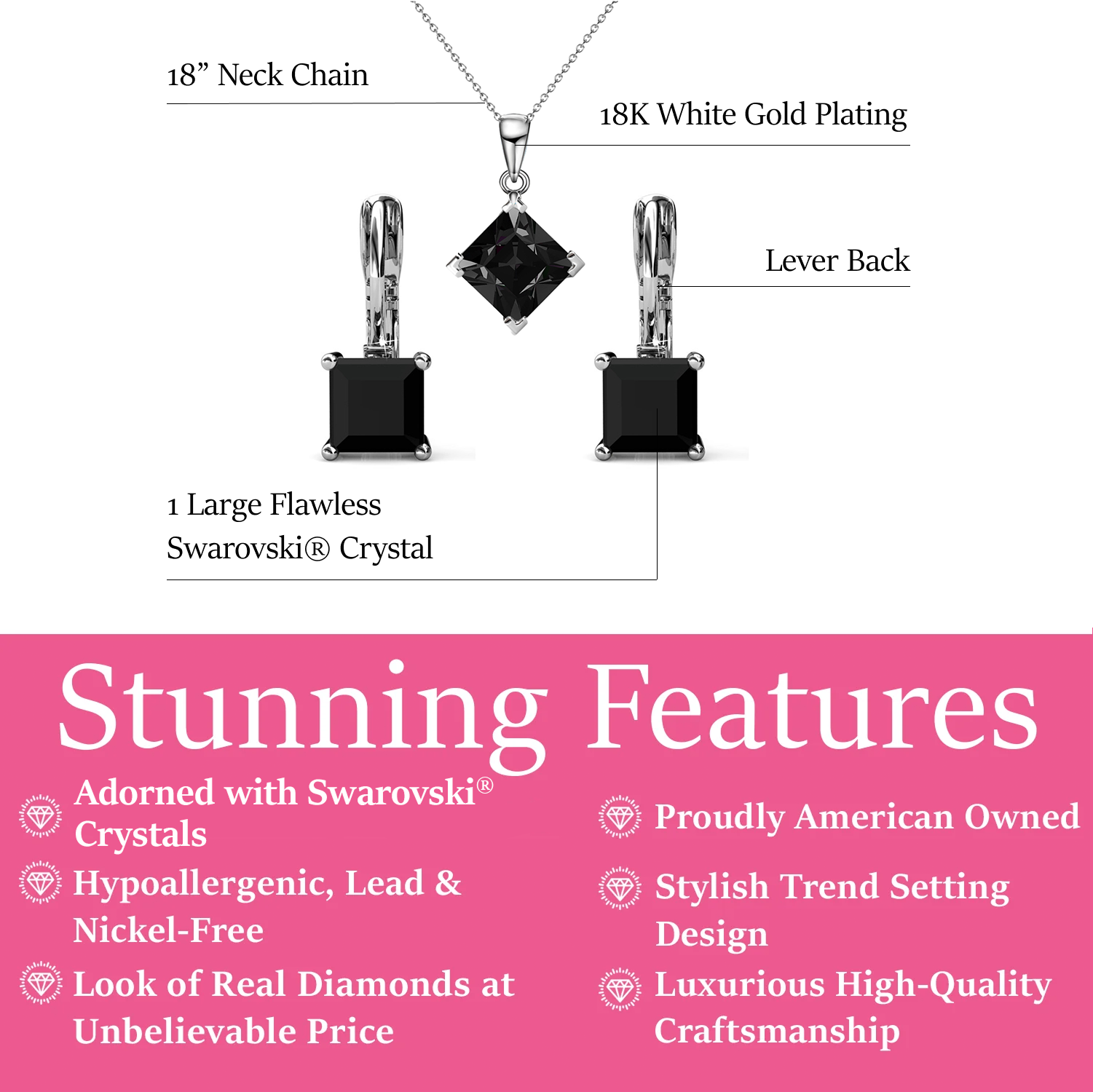 Samantha 18k White Gold Plated Drop Earrings and Necklace Jewelry Set with Black Swarovski Crystal