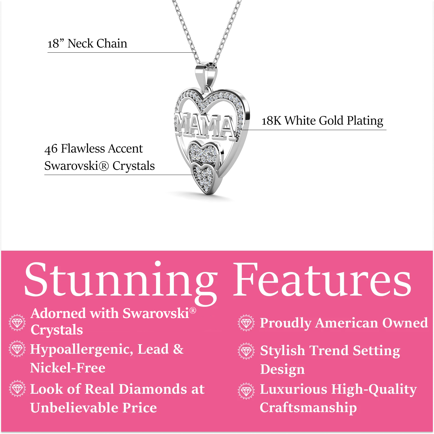 Selena 18k White Gold Plated Mama Heart Pendant Necklace with Simulated Diamond Crystals
