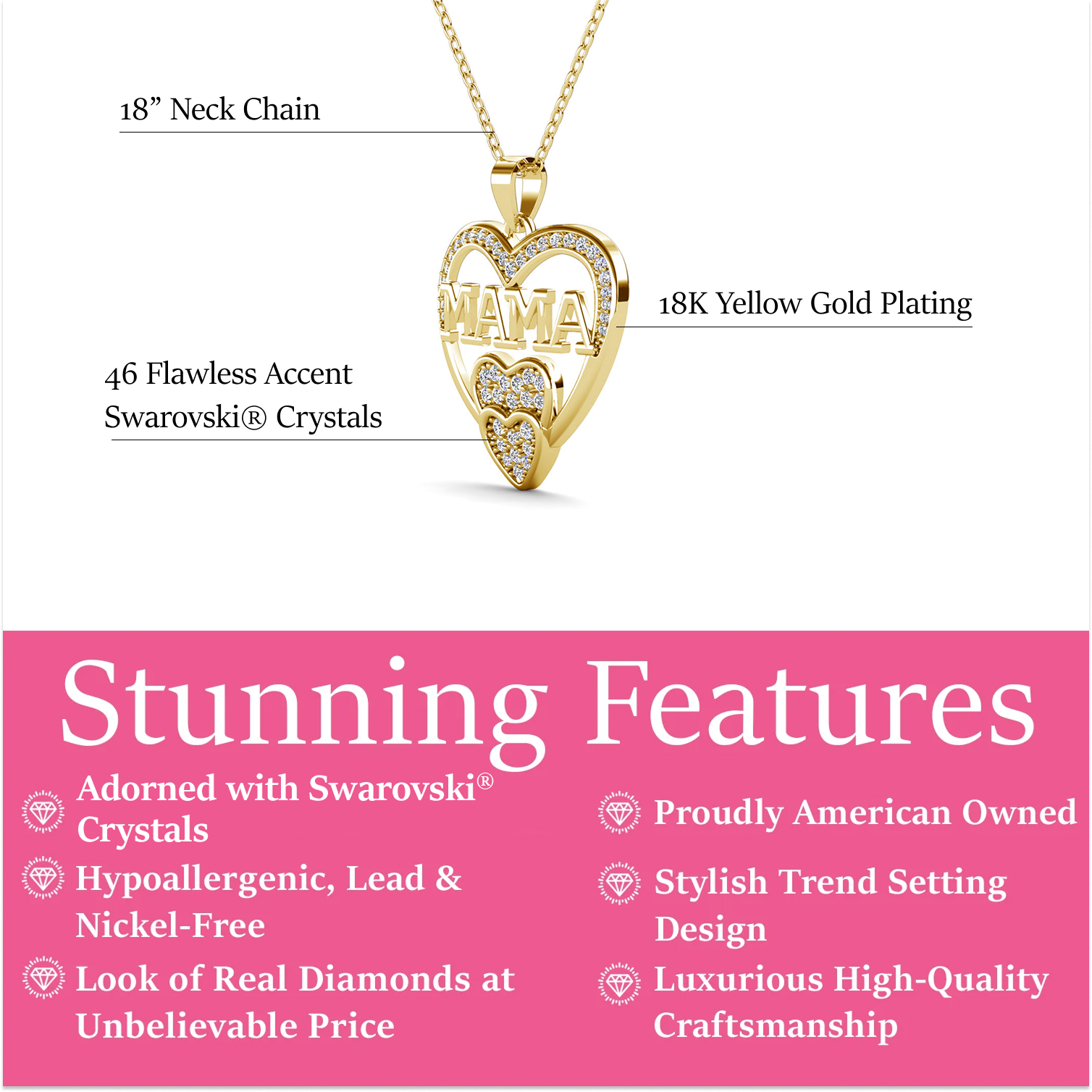 Selena 18k White Gold Plated Mama Heart Pendant Necklace with Simulated Diamond Crystals