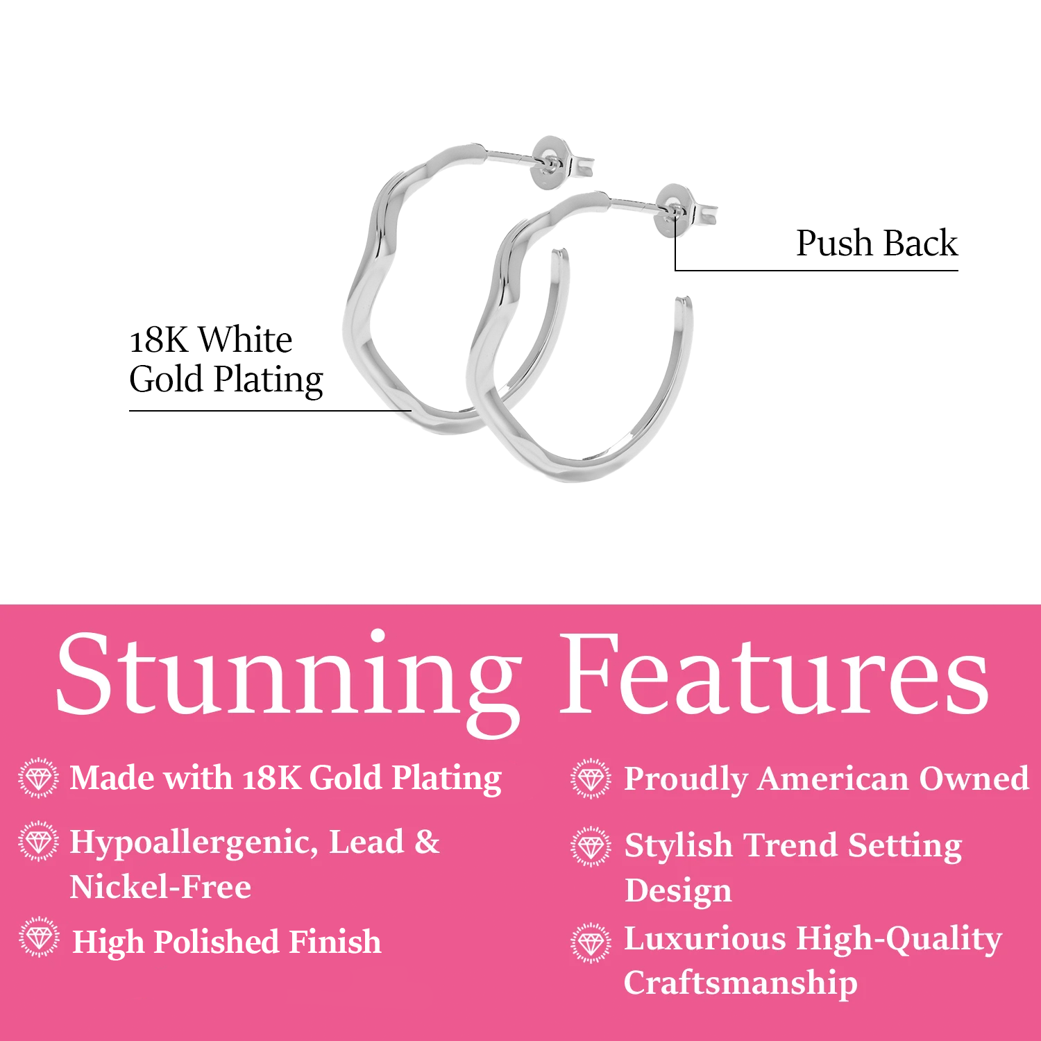 Serena 18k White Gold Plated 22mm Wavy Hoop Earrings