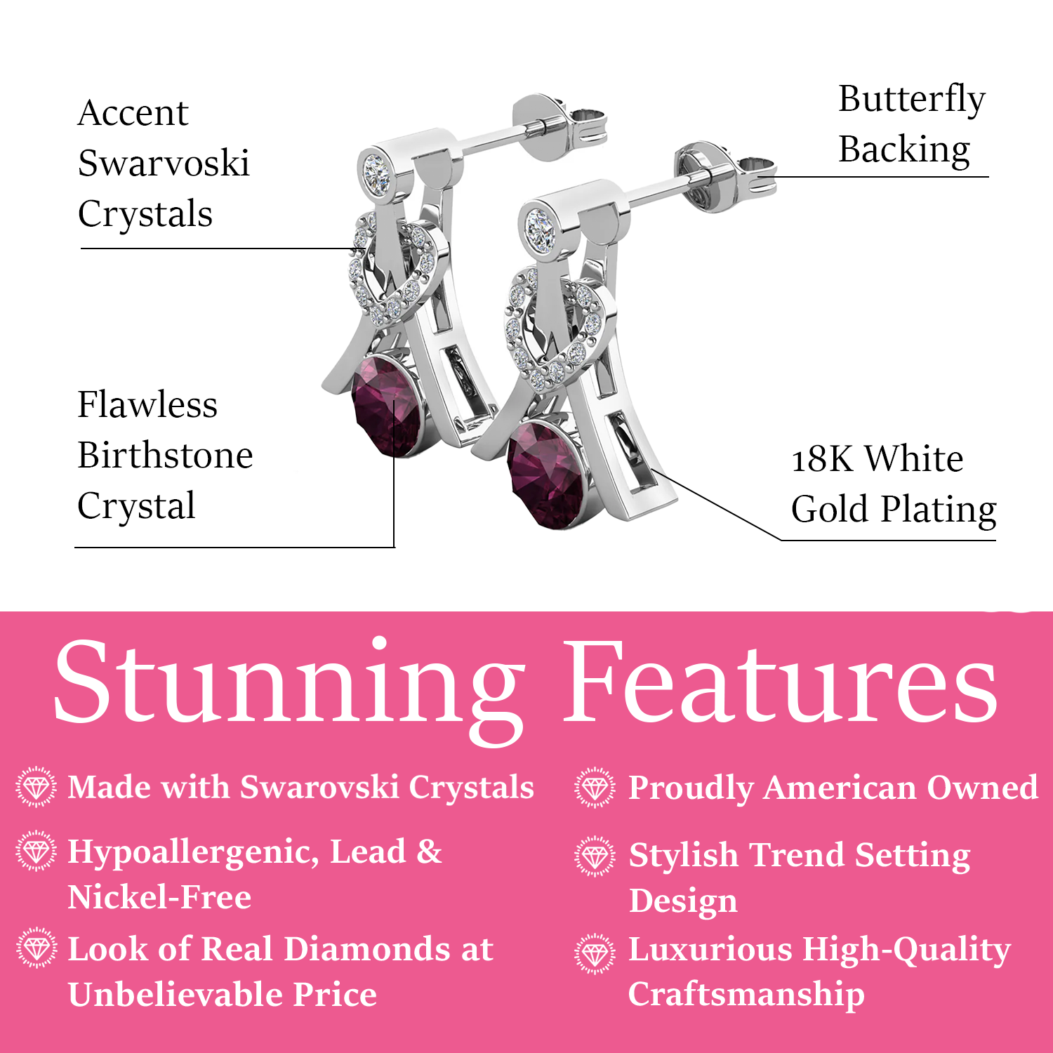 Serenity Birthstone Earrings 18k White Gold Plated with Round Cut Swarovski Crystals