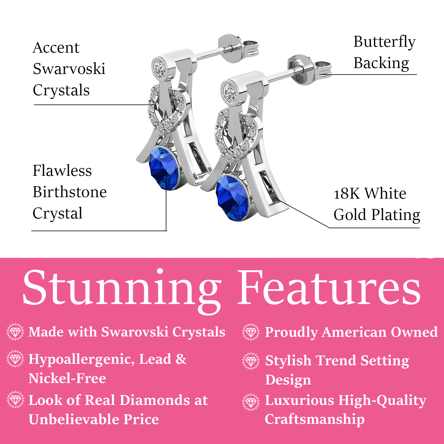 Serenity Birthstone Earrings 18k White Gold Plated with Round Cut Swarovski Crystals