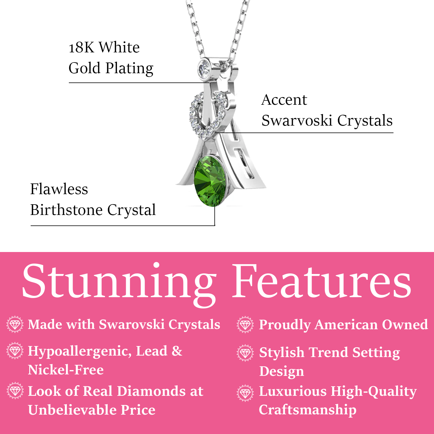 Serenity Birthstone Necklace 18k White Gold Plated with Round Cut Swarovski Crystals