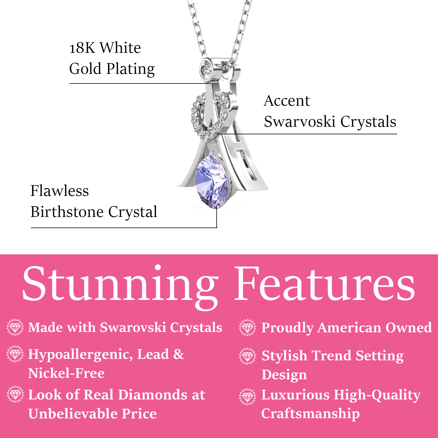 Serenity Birthstone Necklace 18k White Gold Plated with Round Cut Swarovski Crystals