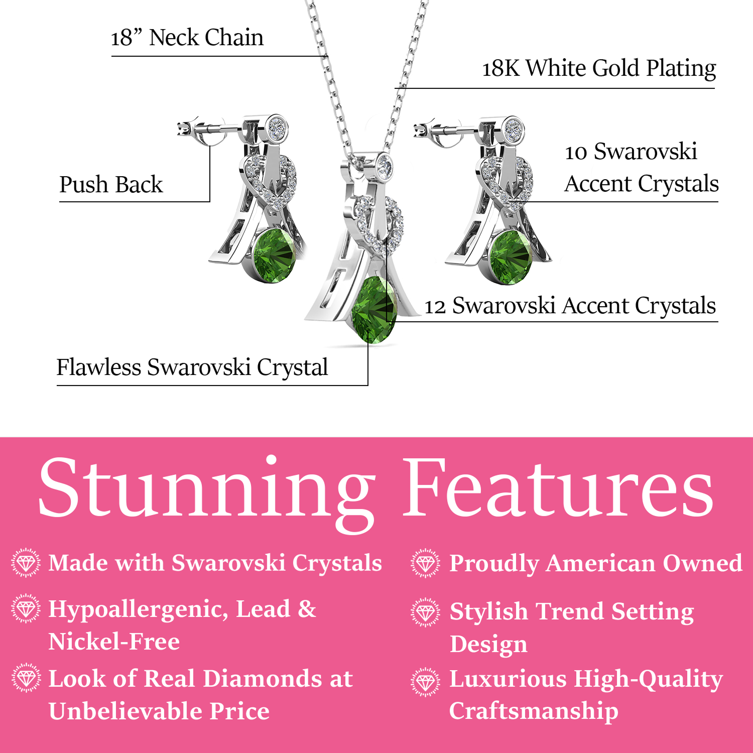 Serenity Birthstone 18k White Gold Plated Silver Earrings and Necklace Set with Swarovski Crystals