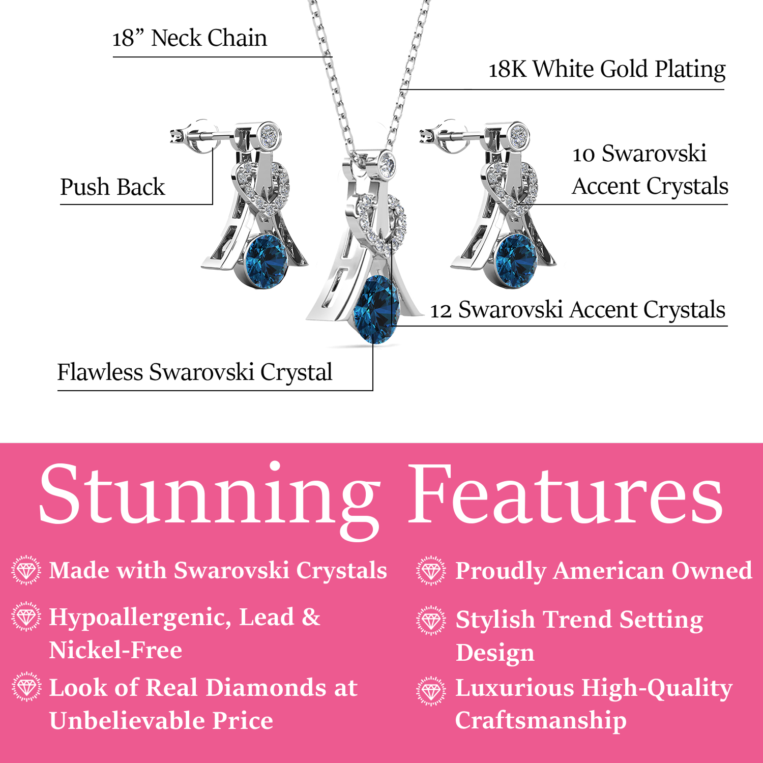 Serenity Birthstone 18k White Gold Plated Silver Earrings and Necklace Set with Swarovski Crystals