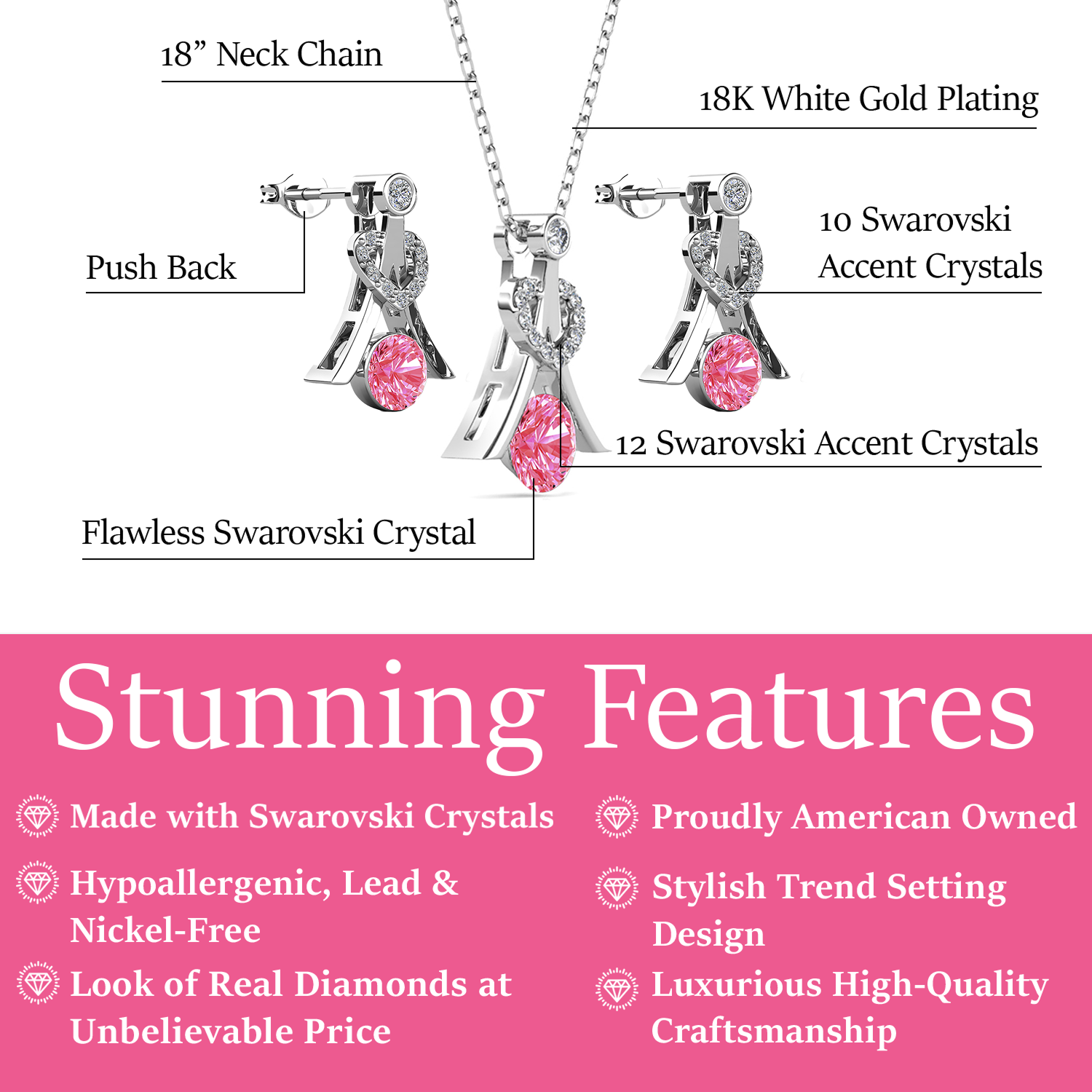 Serenity Birthstone 18k White Gold Plated Silver Earrings and Necklace Set with Swarovski Crystals