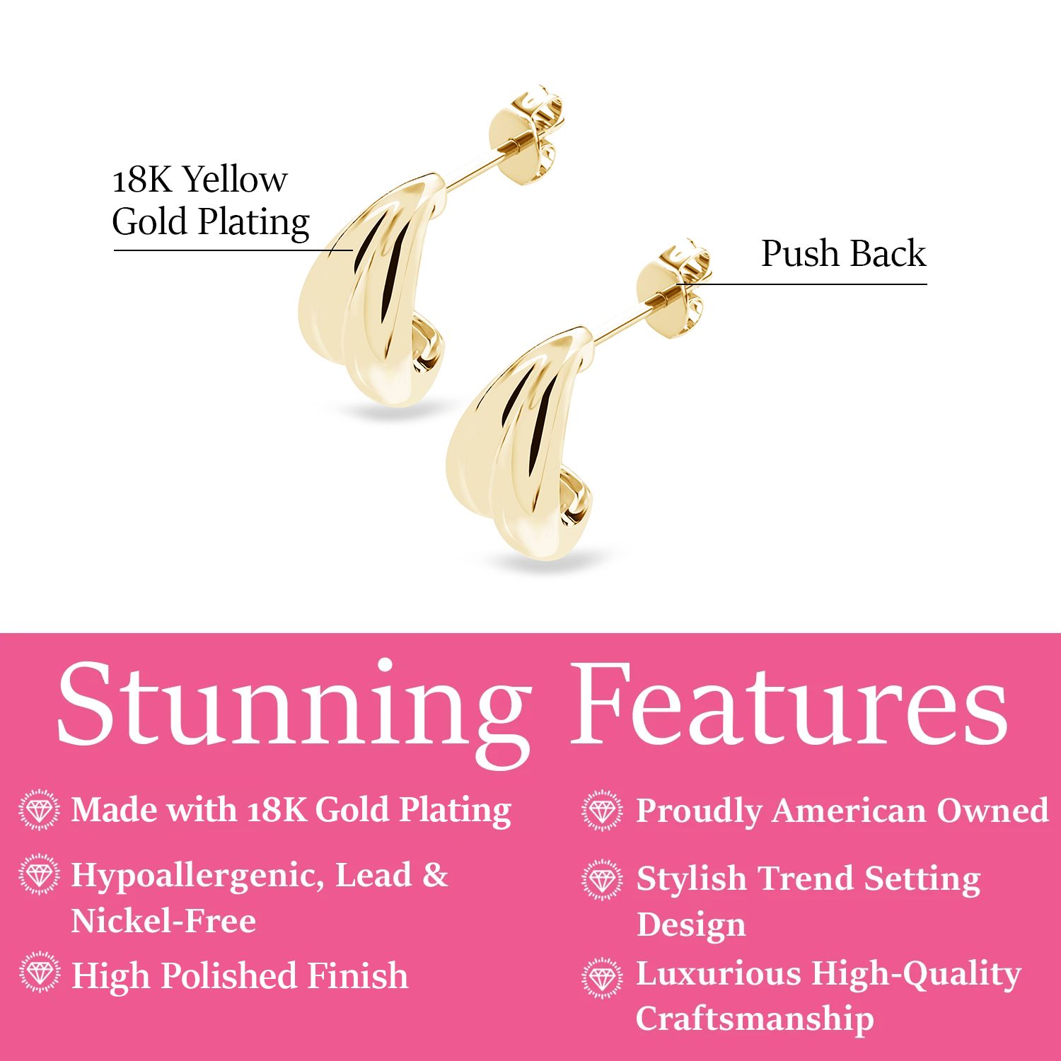 Shae 18k White Gold Plated Semi-Hoop Curved Stud Earrings