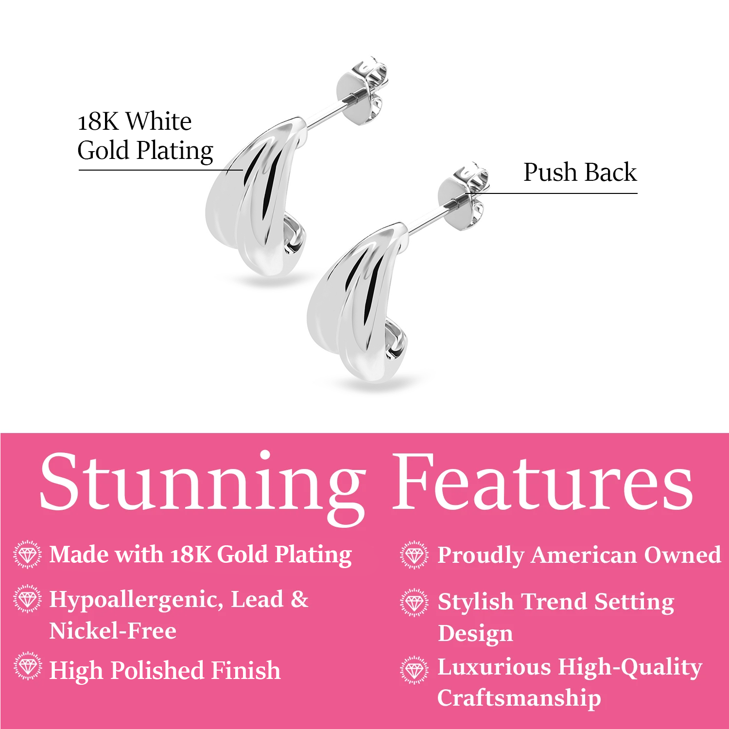 Shae 18k White Gold Plated Semi-Hoop Curved Stud Earrings