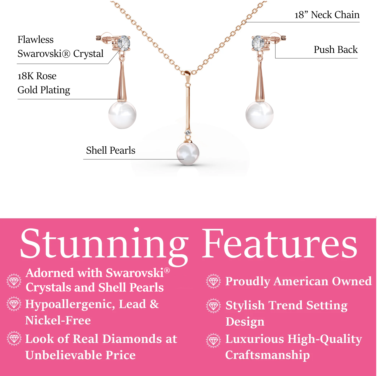 Tatum 18k White Gold Plated Pearl Necklace and Dangle Earrings Jewelry Set with Swarovski Crystals