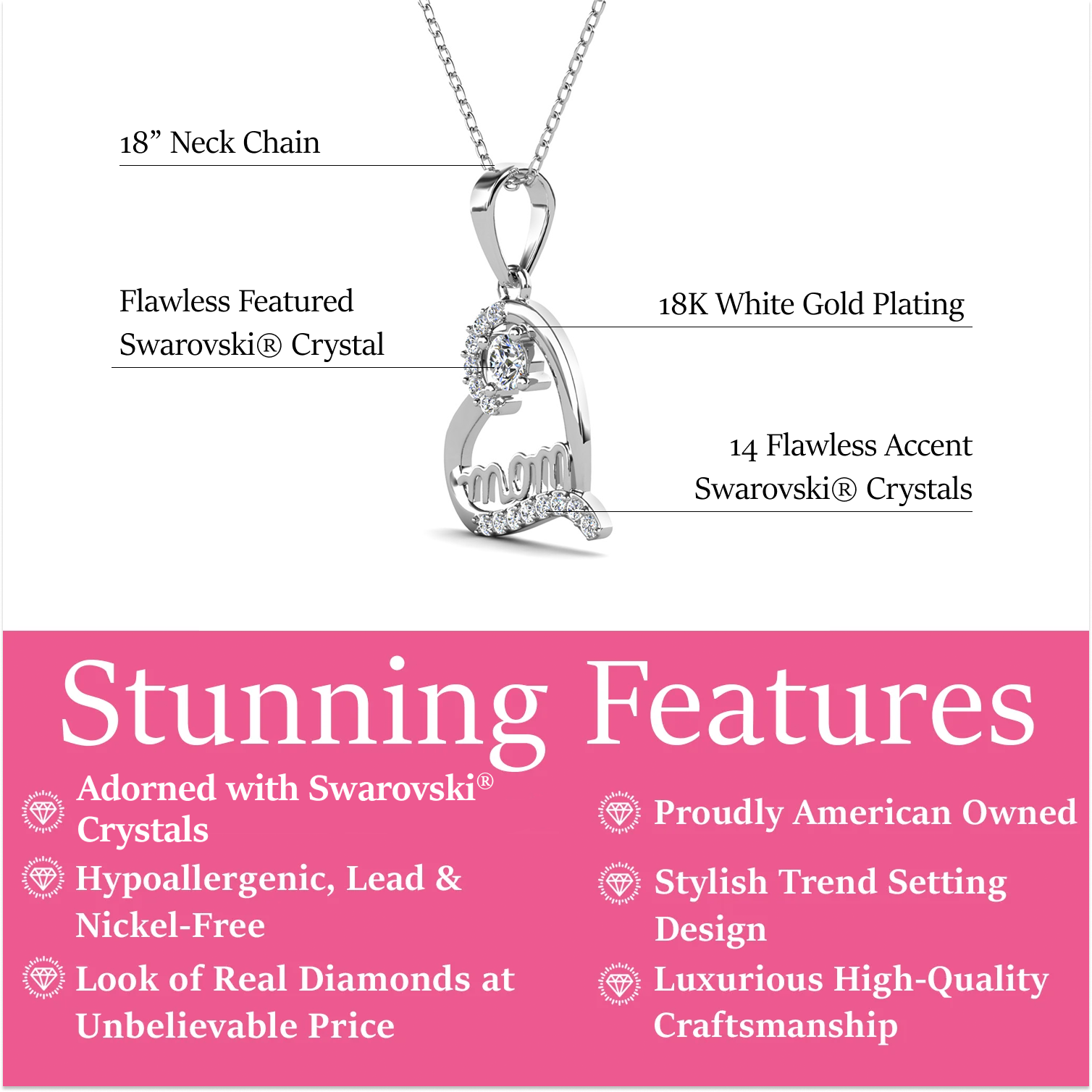 Thelma 18k White Gold Plated Mom Heart Necklace with Simulated Diamond Crystals