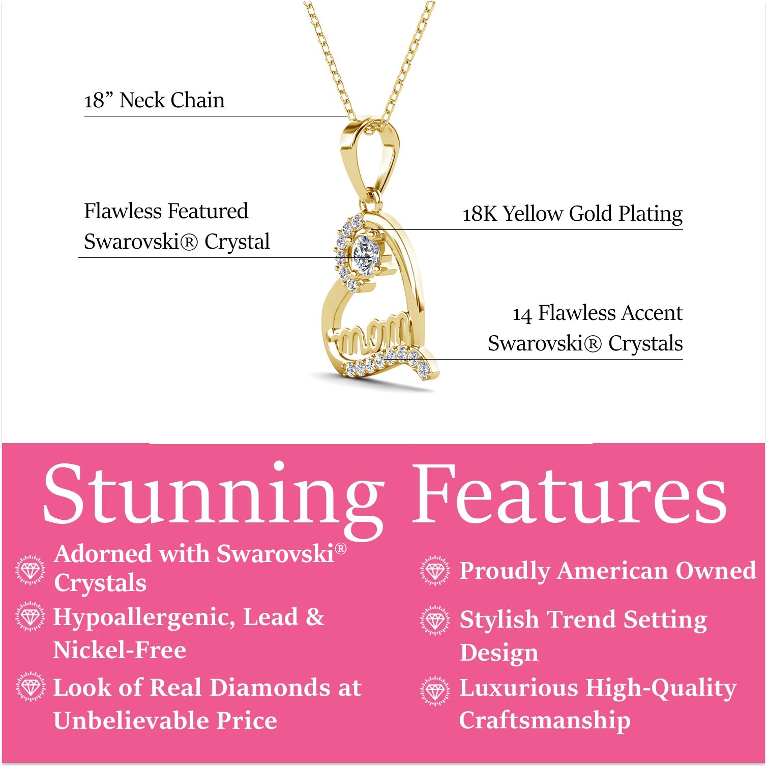 Thelma 18k White Gold Plated Mom Heart Necklace with Simulated Diamond Crystals
