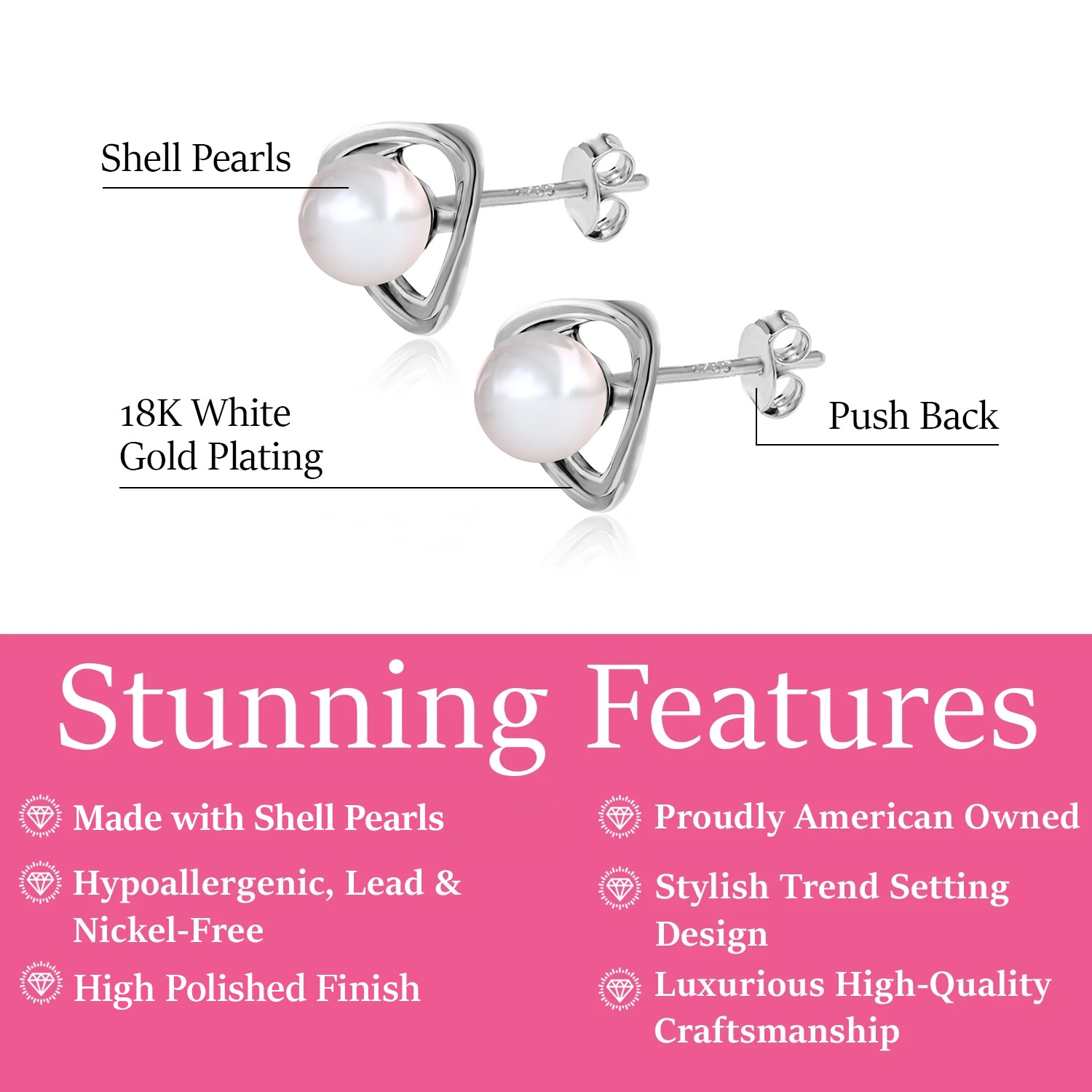 Winnie 18k White Gold Plated Pearl Stud Earrings
