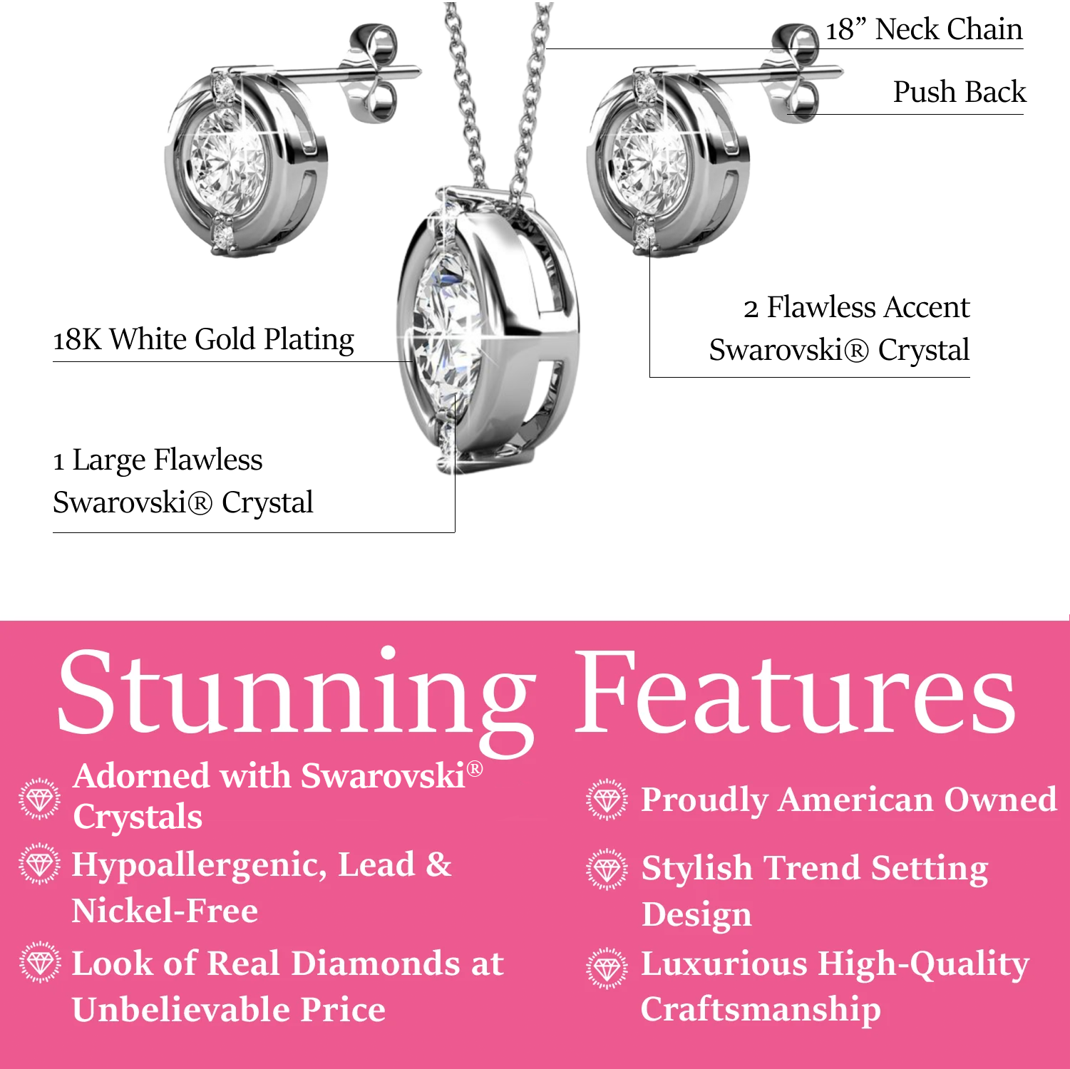 Zara 18k White Gold Plated Stud Earrings and Necklace Set with Swarovski Crystals