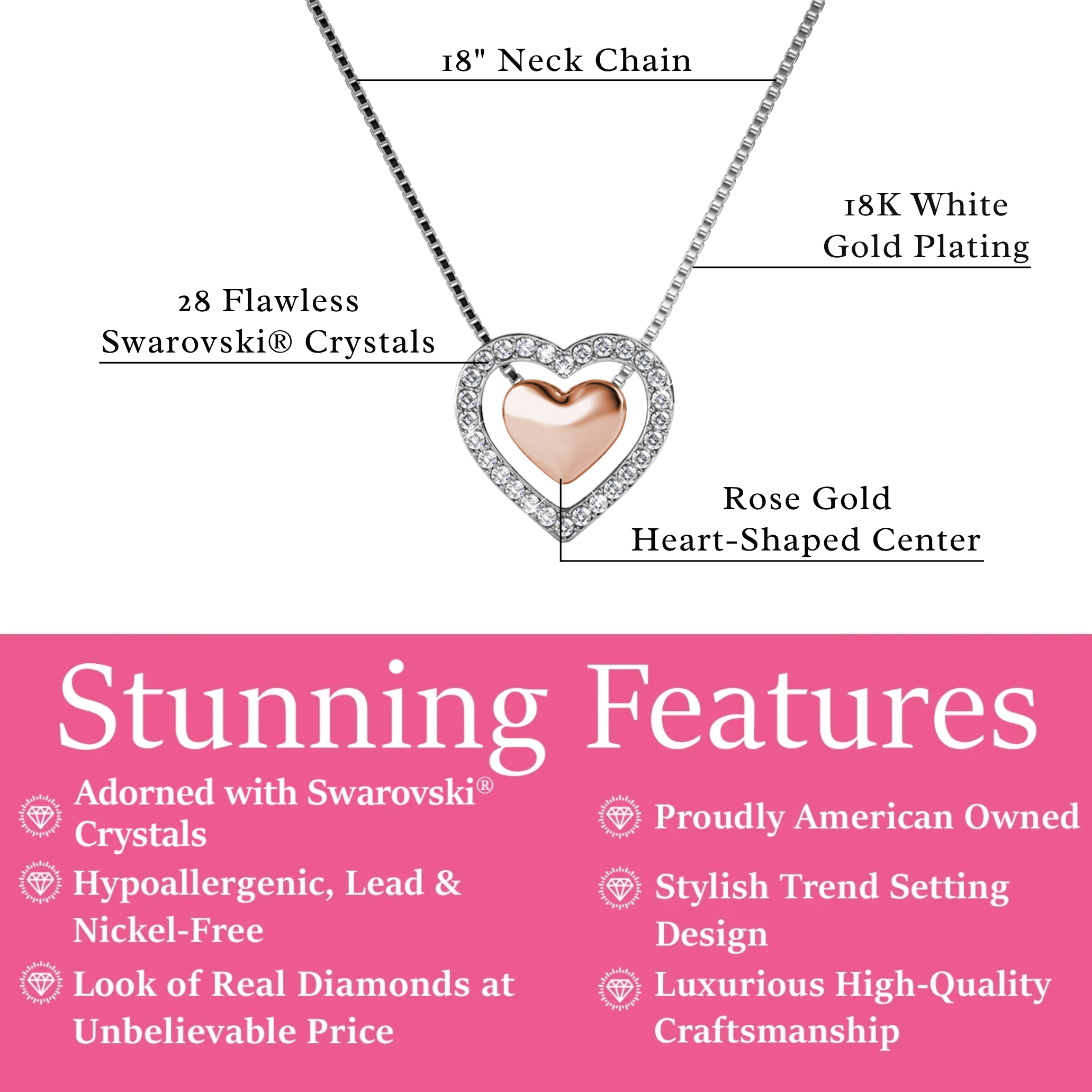 Susan 18k White Gold Plated Halo Heart Necklace with Swarovski Crystals