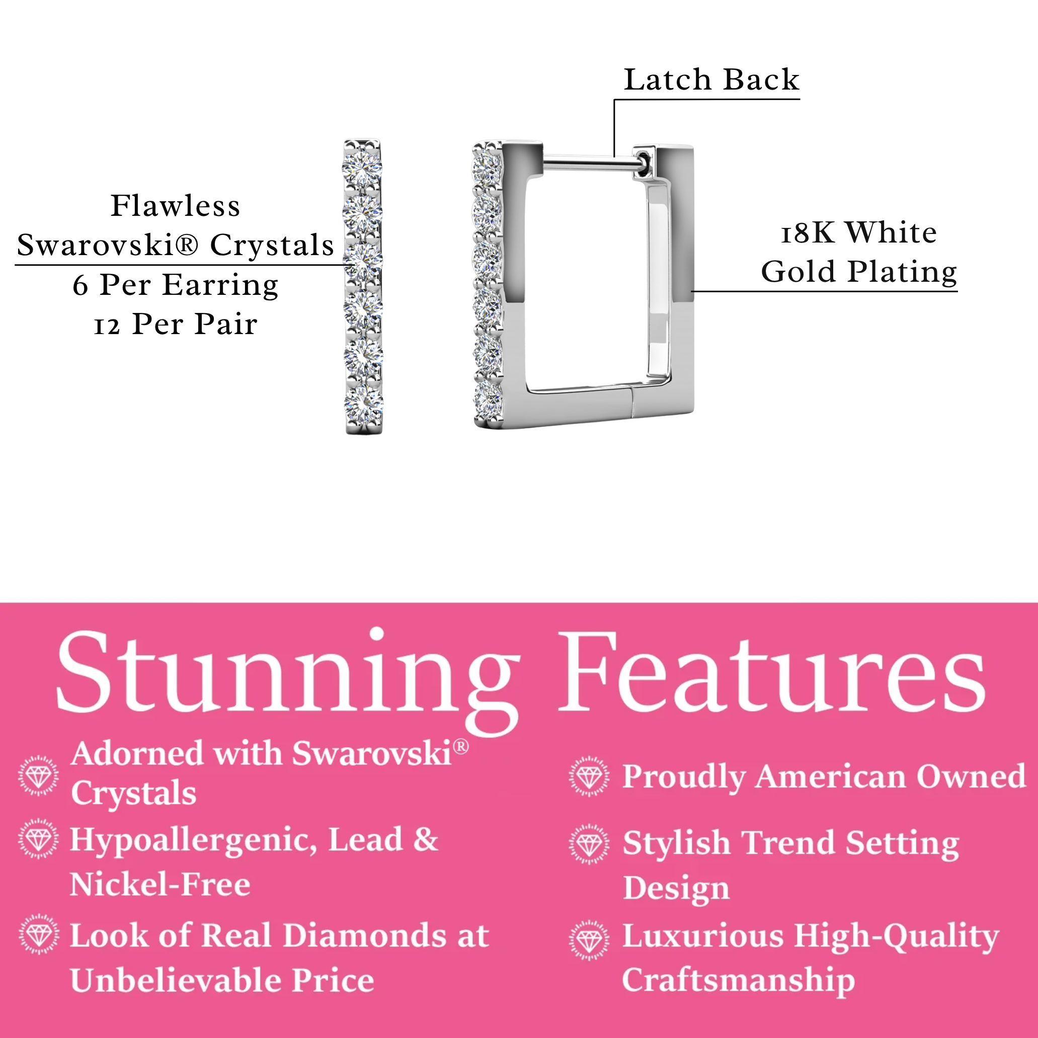 Sydney 18k White Gold Plated 14mm Square Hoop Earrings with Swarovski Crystals