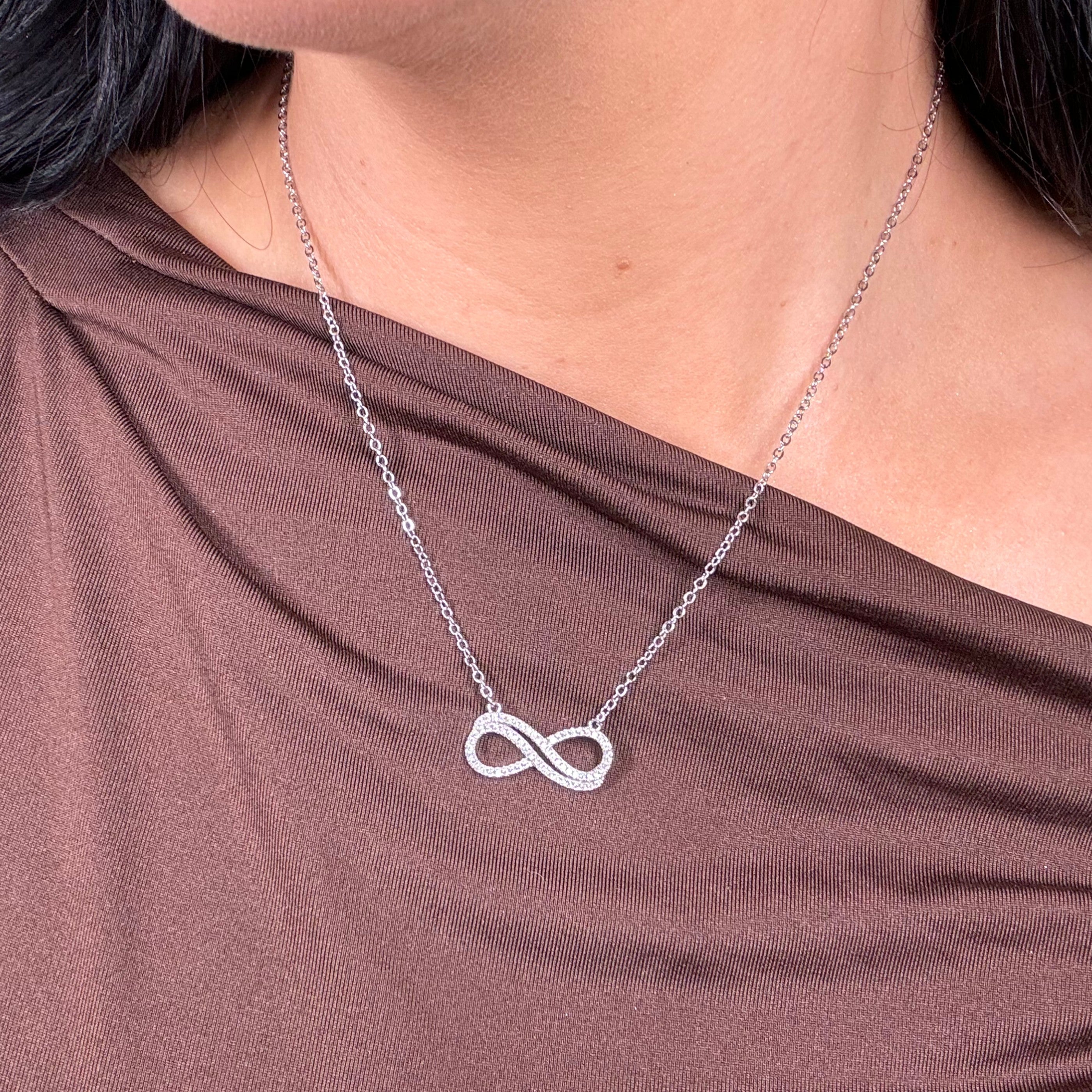 Tansy 18k White Gold Plated Infinity Pendant Necklace with Simulated Diamond Crystals - FAB FAV